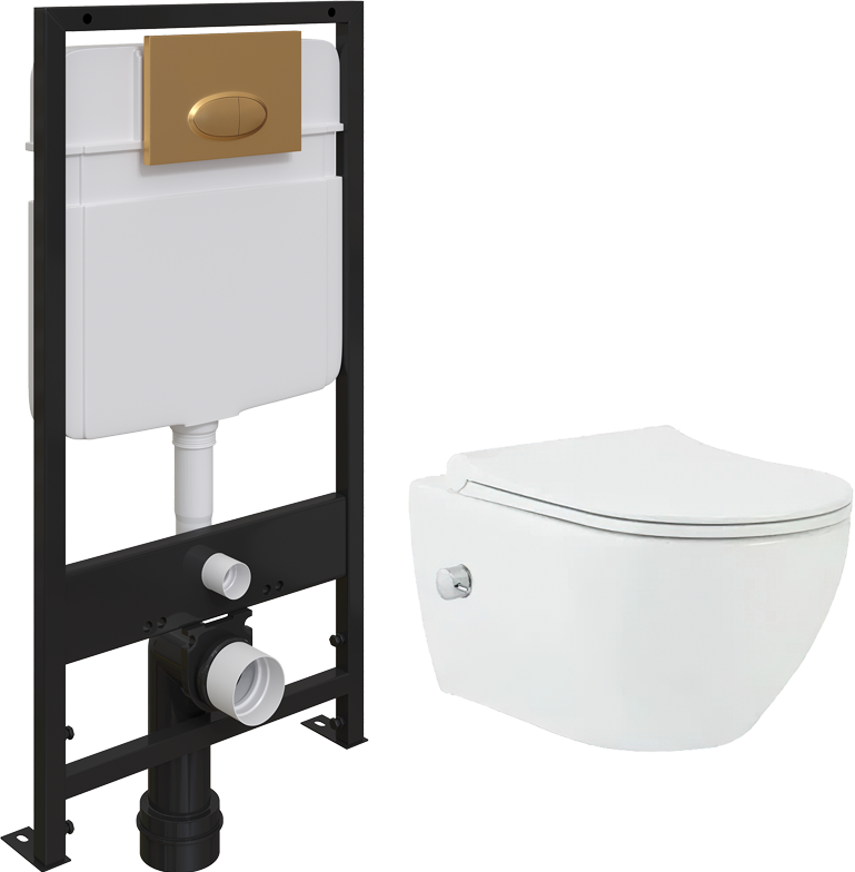 Комплект Унитаз подвесной beWash Bogen 88343601 с микролифтом + Система инсталляции для унитазов EWRIKA ProLT 0026-2020 + Кнопка смыва EWRIKA 0053 золото матовое