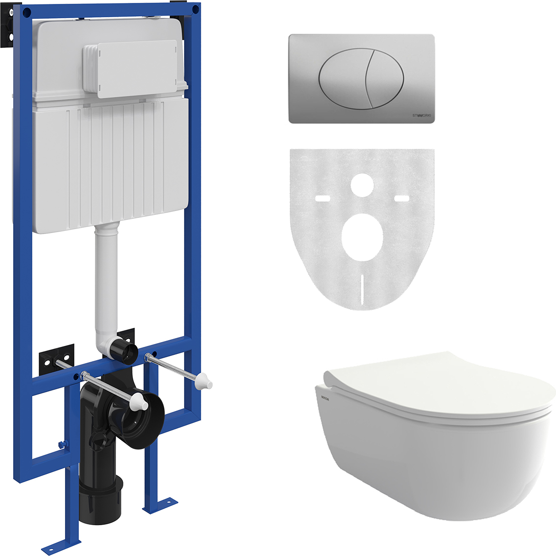 Комплект Унитаз подвесной BOCCHI V-Tondo 1417-001-0129 тонкая крышка с микролифтом, белый глянцевый + Система инсталляции для унитазов STWORKI 510162 + Кнопка смыва STWORKI 230822 хром глянцевый