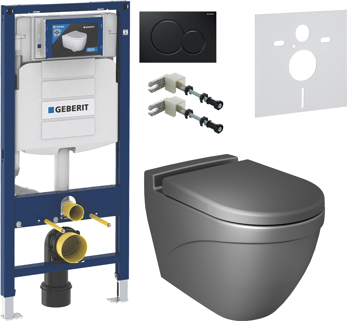 Комплект Унитаз подвесной BOCCHI Taormina Arch 1012-006-0129 с крышкой-сиденьем A0302-006 с микролифтом, серая матовая + Комплект крепления для инсталляций Geberit Duofix 111.815.00.1 к стене + Шумоизоляционная панель для инсталляции Geberit 156.050.00.1