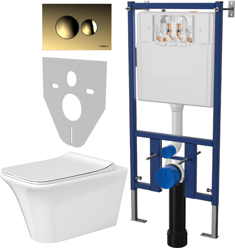 Комплект Унитаз подвесной Cerutti Spa Nivolet Aria 9034 безободковый, с микролифтом + Система инсталляции для унитазов DIWO 4501 + Кнопка смыва DIWO 7315 золотая