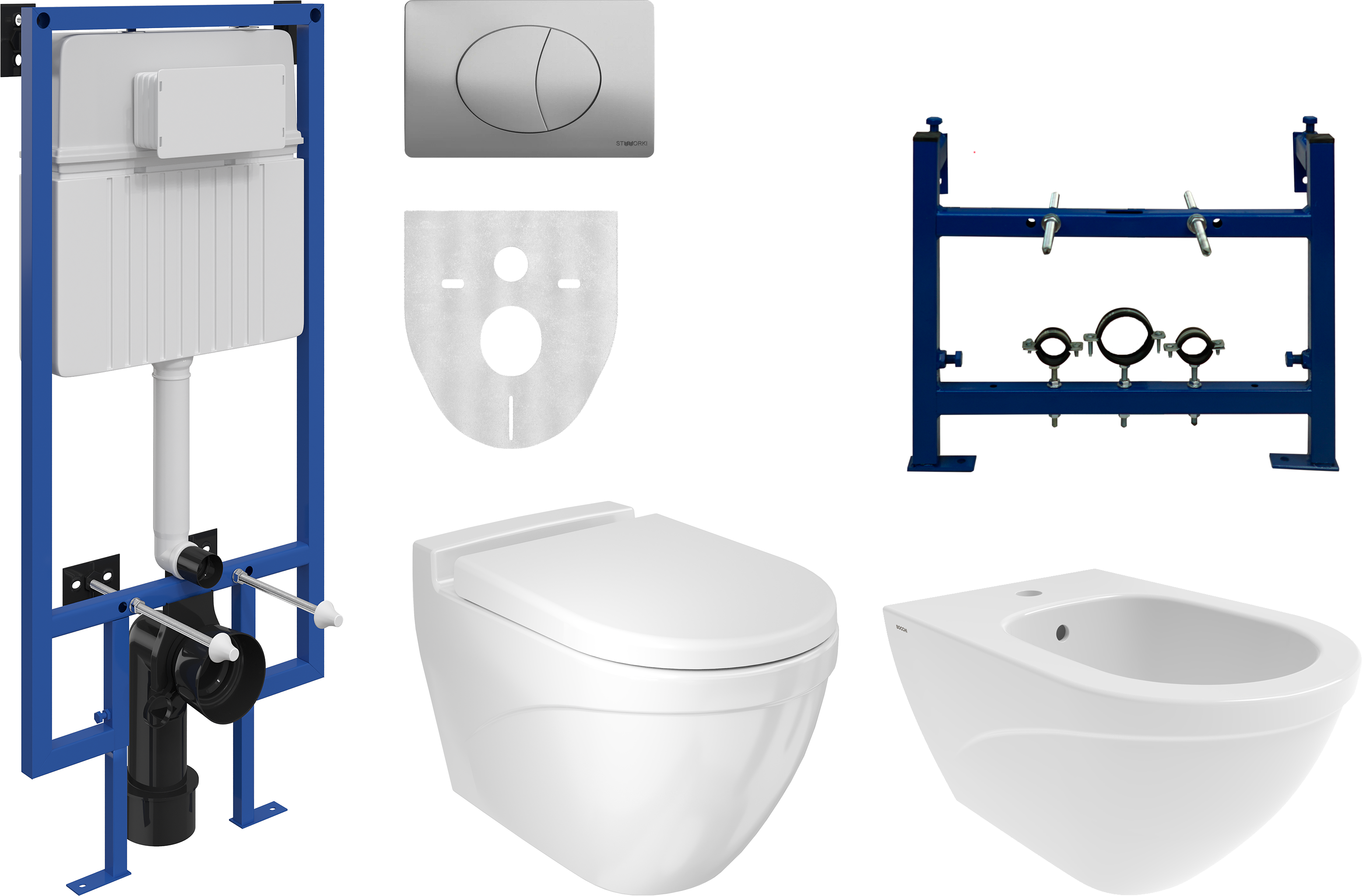 Комплект Унитаз подвесной BOCCHI Taormina Arch 1012-001-0129 белый + Крышка A0302-001 с микролифтом, глянцевая белая + Инсталляция STWORKI + Кнопка 230823 хром матовый + Биде + Инсталляция