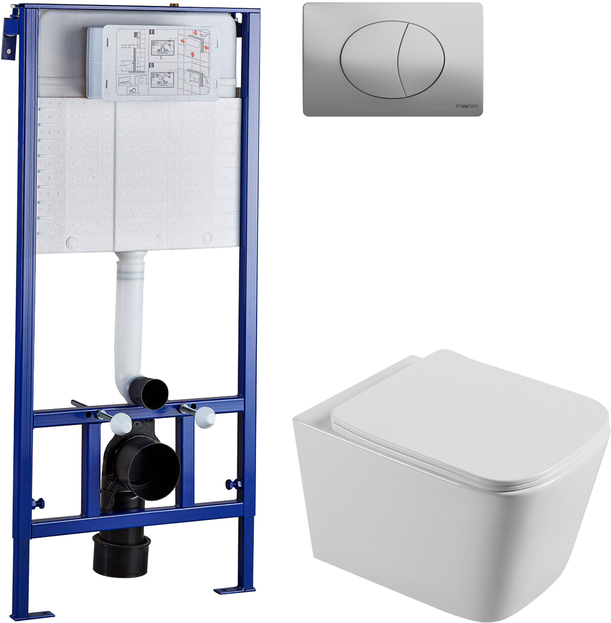 Комплект Унитаз подвесной STWORKI Бурос BU-04up безободковый, с микролифтом + Инсталляция + Кнопка 230822 хром глянцевый