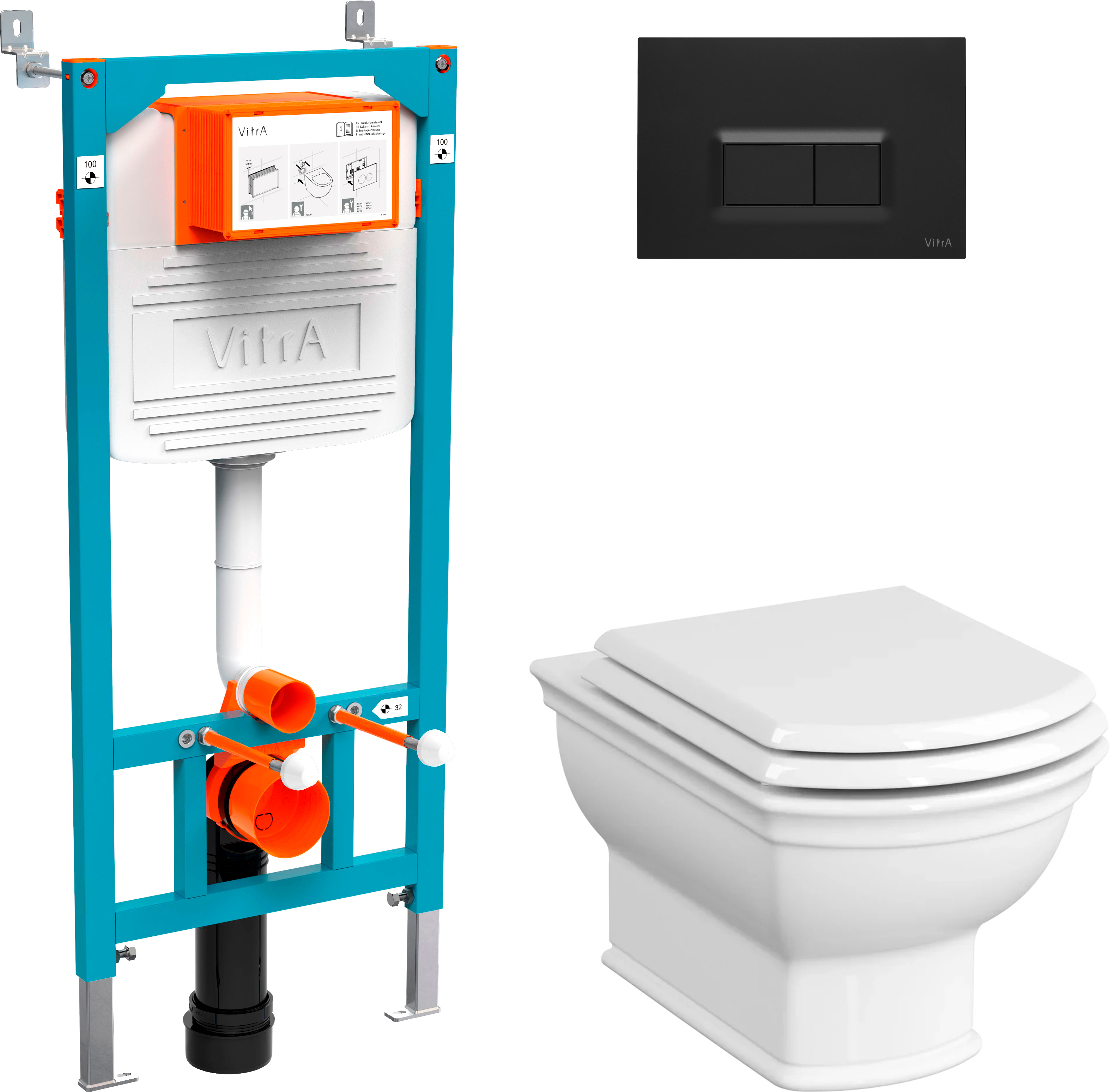 Комплект  Система инсталляции VitrA 800-2014 с кнопкой смыва, черная + Чаша для унитаза подвесного VitrA Valarte 7805B003-0075 + Крышка-сиденье VitrA Valarte 124-003-009 с микролифтом