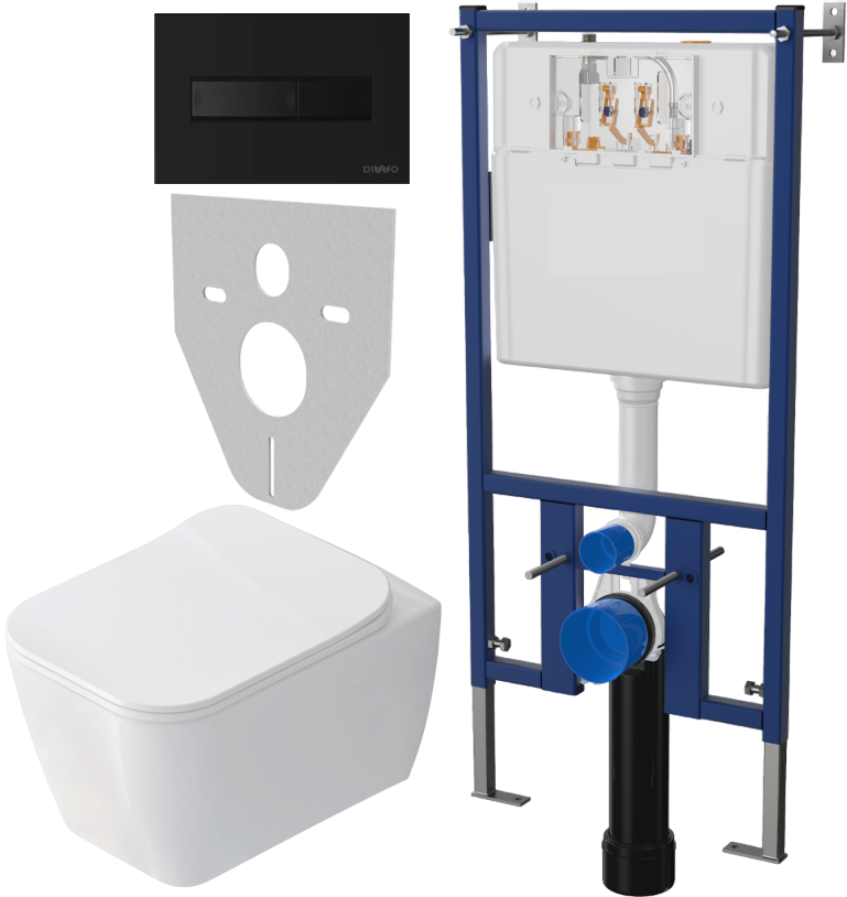 Комплект Унитаз подвесной STWORKI Монтре SETK3204-2616 безободковый, с микролифтом + Система инсталляции для унитазов DIWO 4501 + Кнопка смыва DIWO 7323 черная матовая