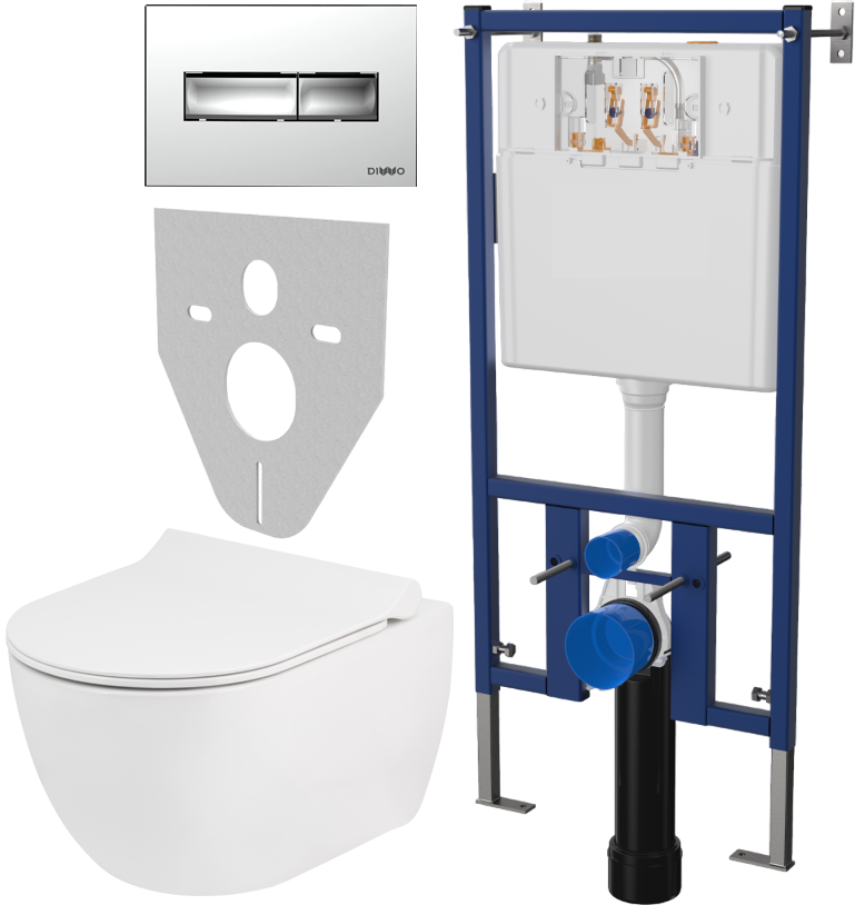 Комплект Унитаз подвесной Seramiksan Hill A031161H безободковый, с микролифтом + Система инсталляции для унитазов DIWO 4501 + Кнопка смыва DIWO 7322 хром