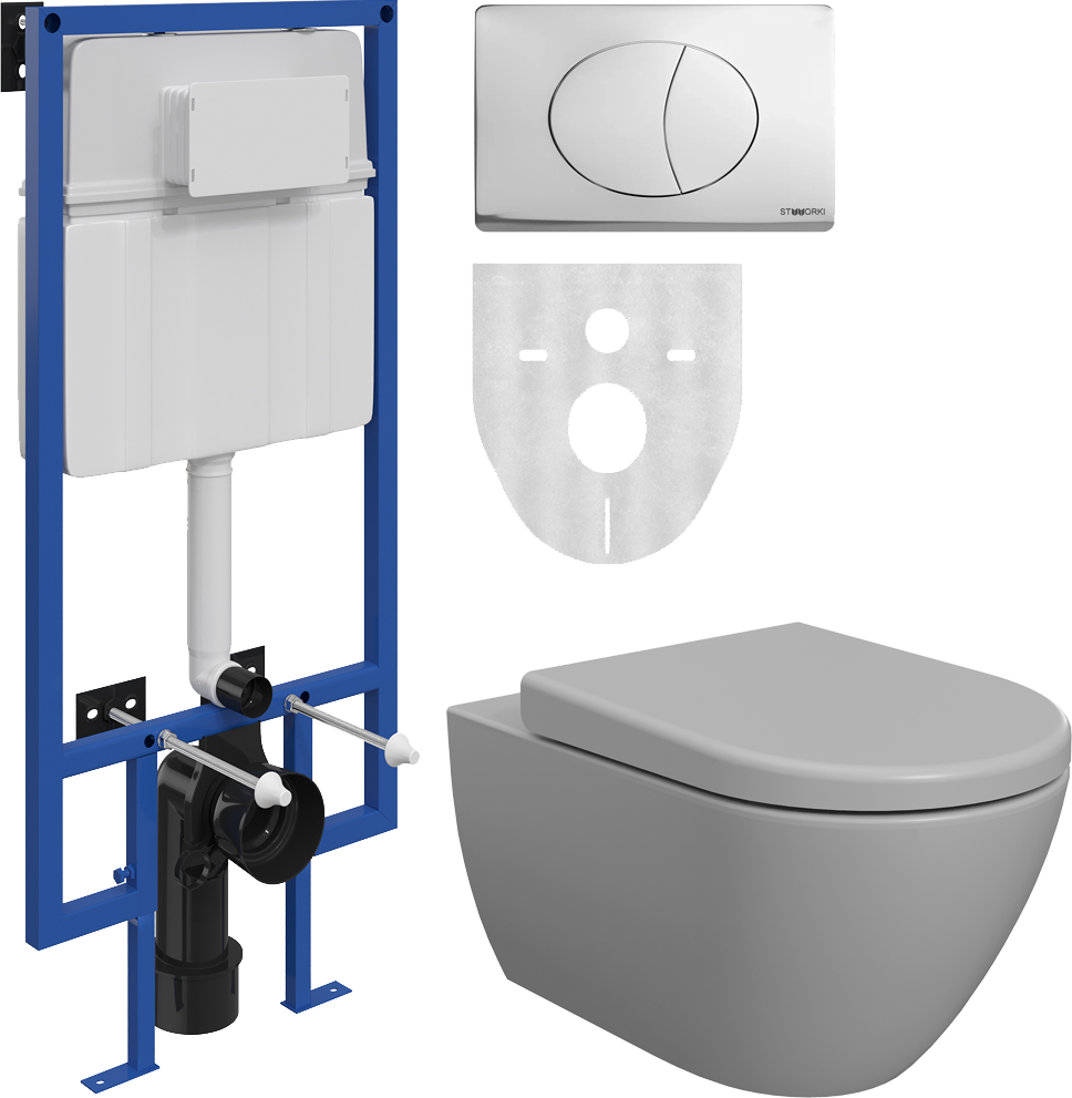Комплект Унитаз подвесной BOCCHI Venezia 1295-006-0129 с микролифтом, серый матовый + Система инсталляции для унитазов STWORKI 510163 + Кнопка смыва STWORKI 230823 хром матовый