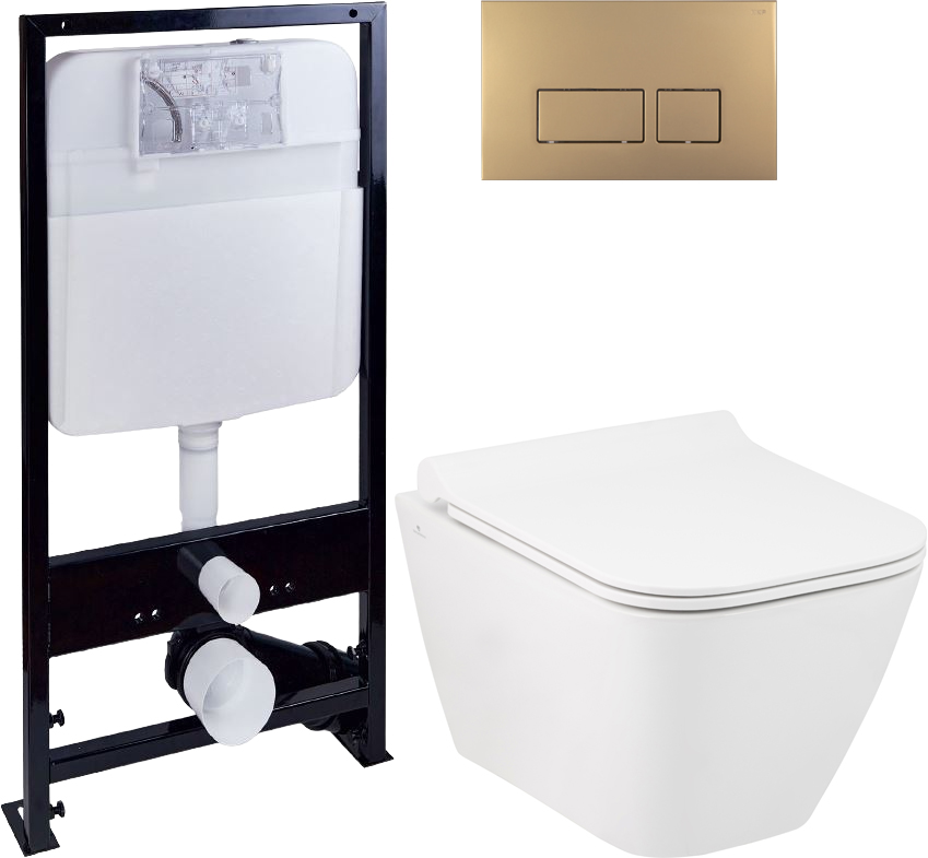 Комплект Унитаз подвесной Seramiksan Saturn Rimout A141151H безободковый + Крышка Bold A090001 с микролифтом + Инсталляция EWRIKA ProLT 0026-2020 + Кнопка 0043 золото матовое