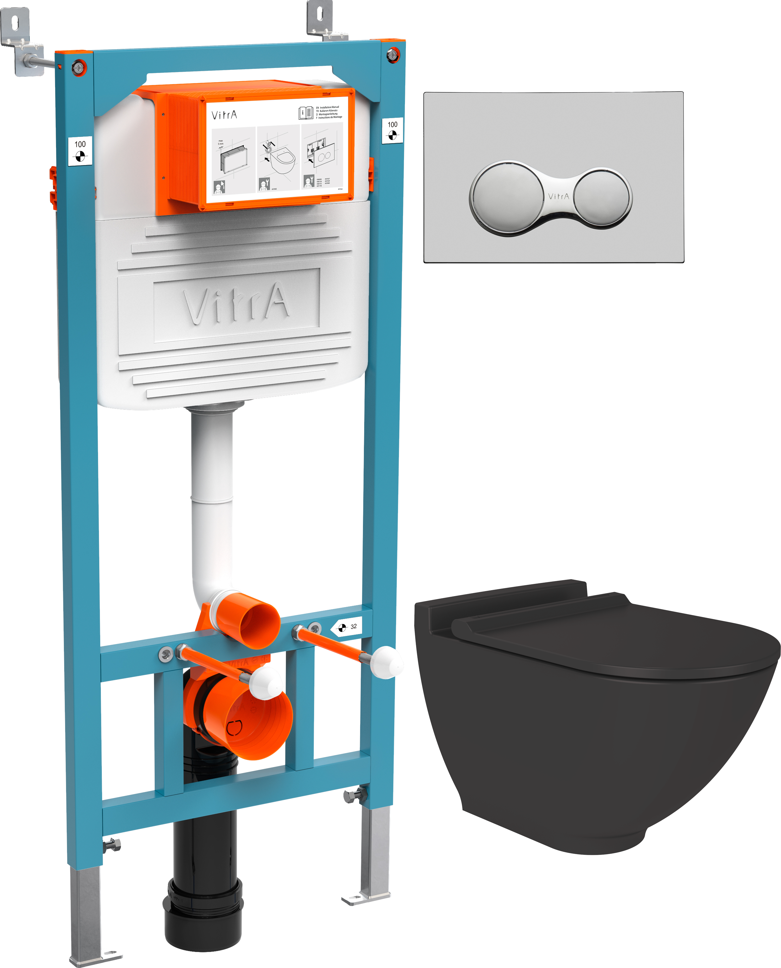 Комплект Унитаз подвесной STWORKI Rotenburg SWH52 безободковый +Инсталляция VitrA 800-2010 с кнопкой смыва, хром