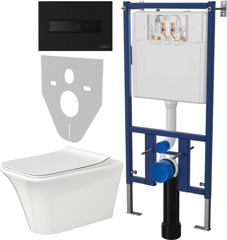 Комплект Унитаз подвесной Cerutti Spa Nivolet Aria 9034 безободковый, с микролифтом + Система инсталляции для унитазов DIWO 4501 + Кнопка смыва DIWO 7323 черная матовая