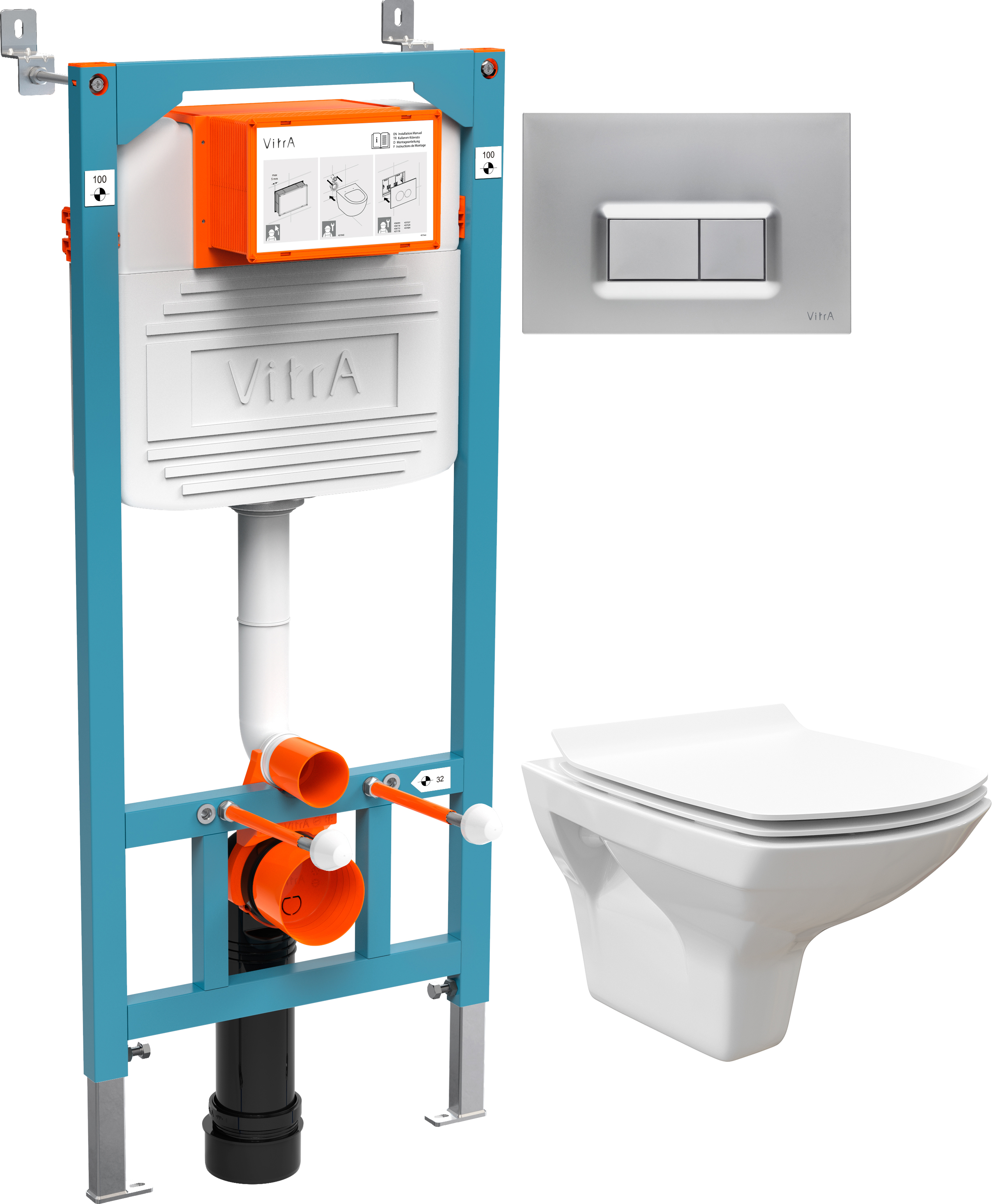 Комплект Унитаз подвесной STWORKI Стокгольм Clean On DPL EO slim 63428 безободковый + Инсталляция VitrA 800-2013 с кнопкой смыва, хром