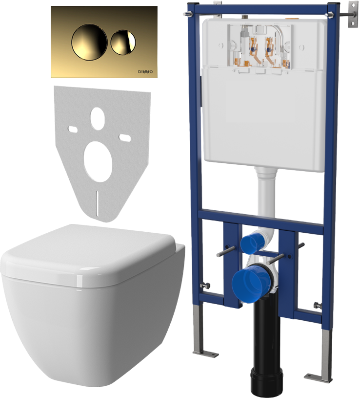 Комплект Унитаз подвесной VitrA Shift 7742B003-0075 крышка NKP Dolce 0406, безободковый, с микролифтом + Система инсталляции для унитазов DIWO 4501 + Кнопка смыва DIWO 7315 золотая
