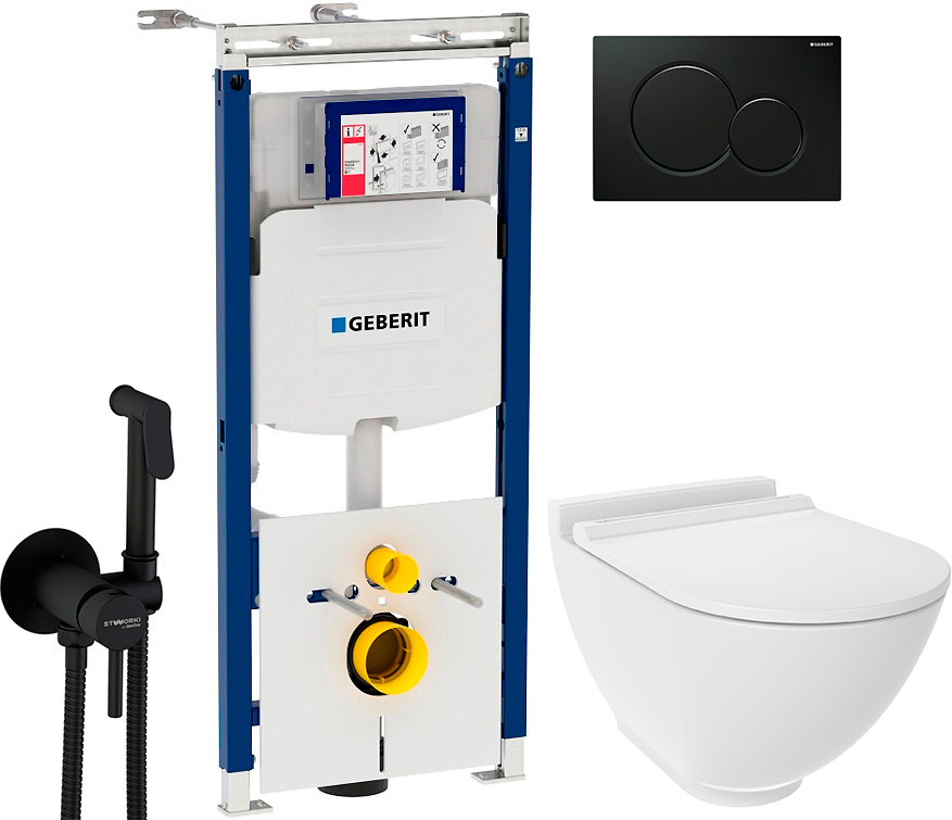 Комплект  Унитаз подвесной STWORKI Rotenburg WH52 безободковый + Система инсталляции для унитазов Geberit Duofix Sigma 12 Plattenbau 111.362.00.5 + Кнопка смыва Geberit Sigma 01 115.770.DW.5 черная + Гигиенический душ STWORKI by Damixa Хельсинки HFHS52030