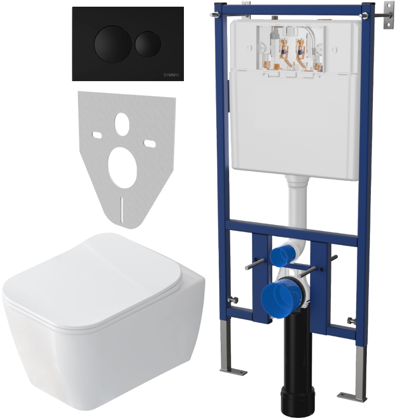 Комплект Унитаз подвесной STWORKI Монтре SETK3204-2616 безободковый, с микролифтом + Система инсталляции для унитазов DIWO 4501 + Кнопка смыва DIWO 7313 черная матовая