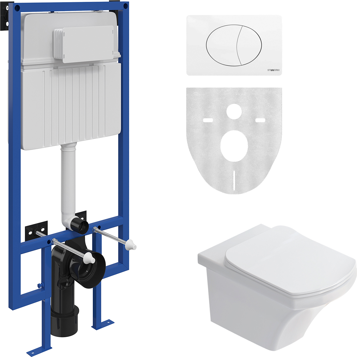 Комплект 3 в 1 Унитаз подвесной STWORKI Хальмстад SETK2804-0606-001-1-6000 с микролифтом + Инсталляция 510162 + Кнопка 230824 цвет матовый белый