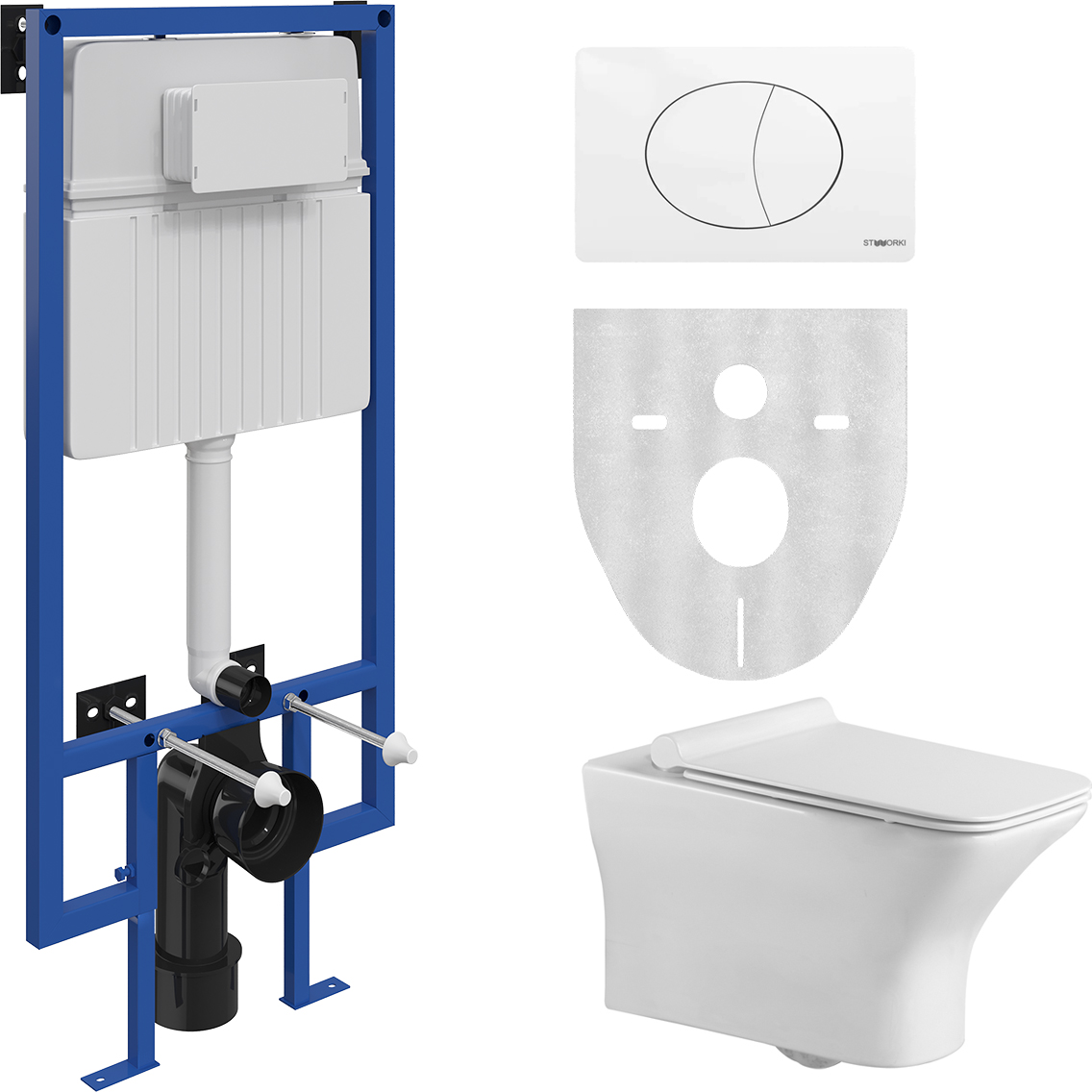 Комплект Унитаз подвесной STWORKI Вестерос VS-01up безободковый + Система инсталляции для унитазов STWORKI 510162 + кнопка смыва