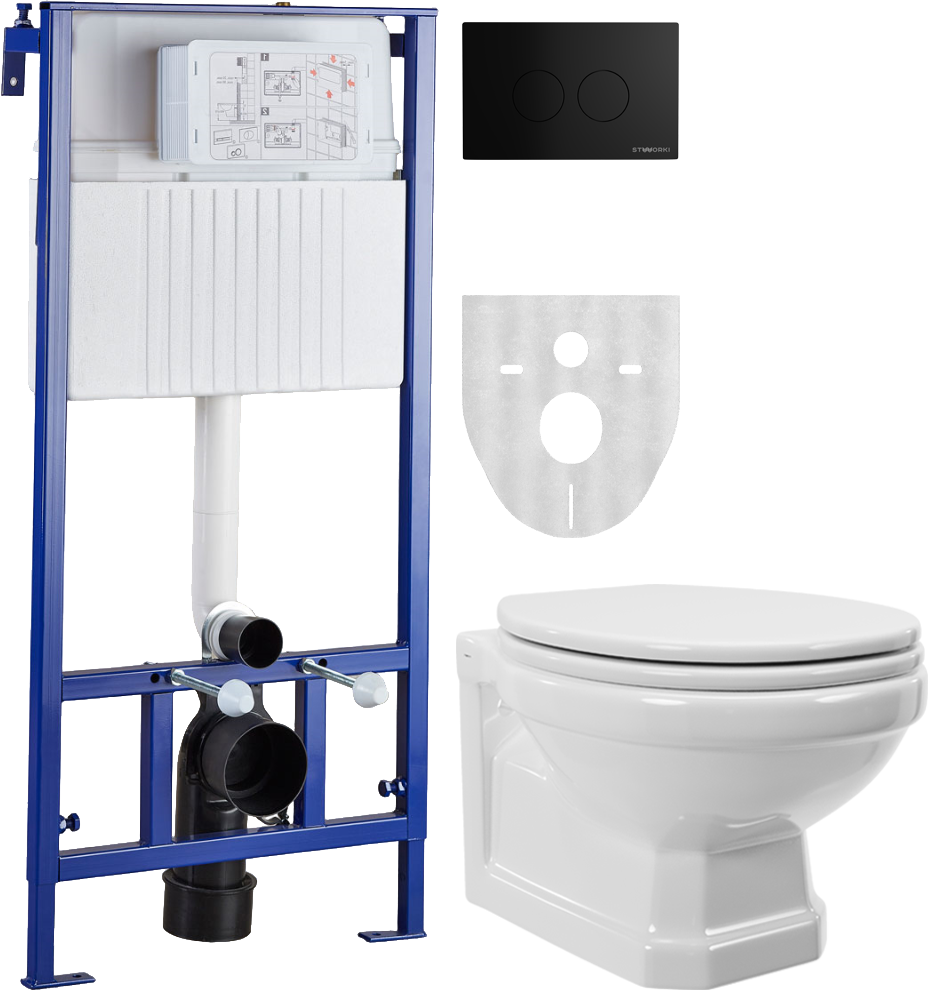 Комплект Унитаз подвесной STWORKI Драммен HDC609WH с микролифтом + Инсталляция + Кнопка Хельсинки 500471 черная матовая