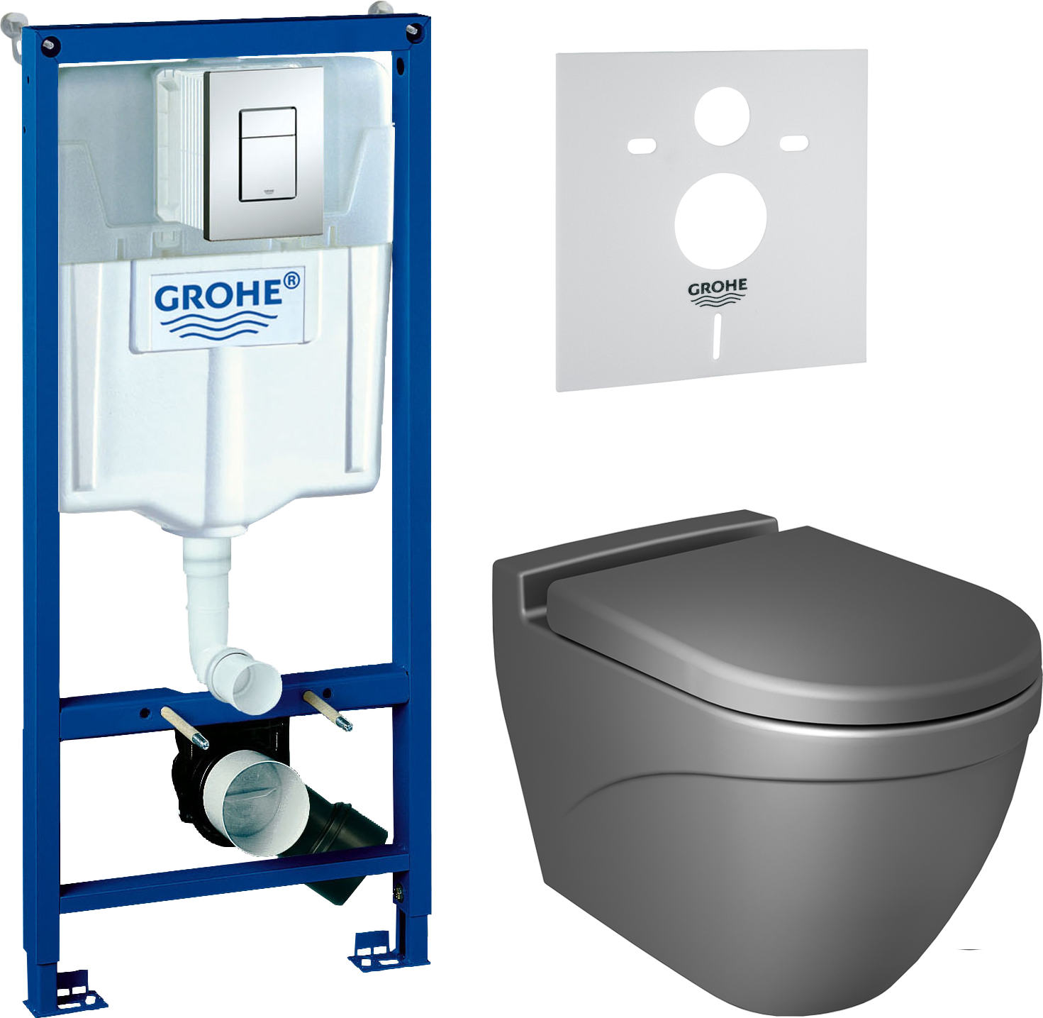 Комплект Унитаз подвесной BOCCHI Taormina Arch 1012-006-0129 с крышкой-сидеьем A0302-006 с микролифтом, серая матовая + Система инсталляции для унитазов Grohe Rapid SL 38772001 3 в 1 с кнопкой смыва + Шумоизоляционная панель для инсталляции Grohe 37131000