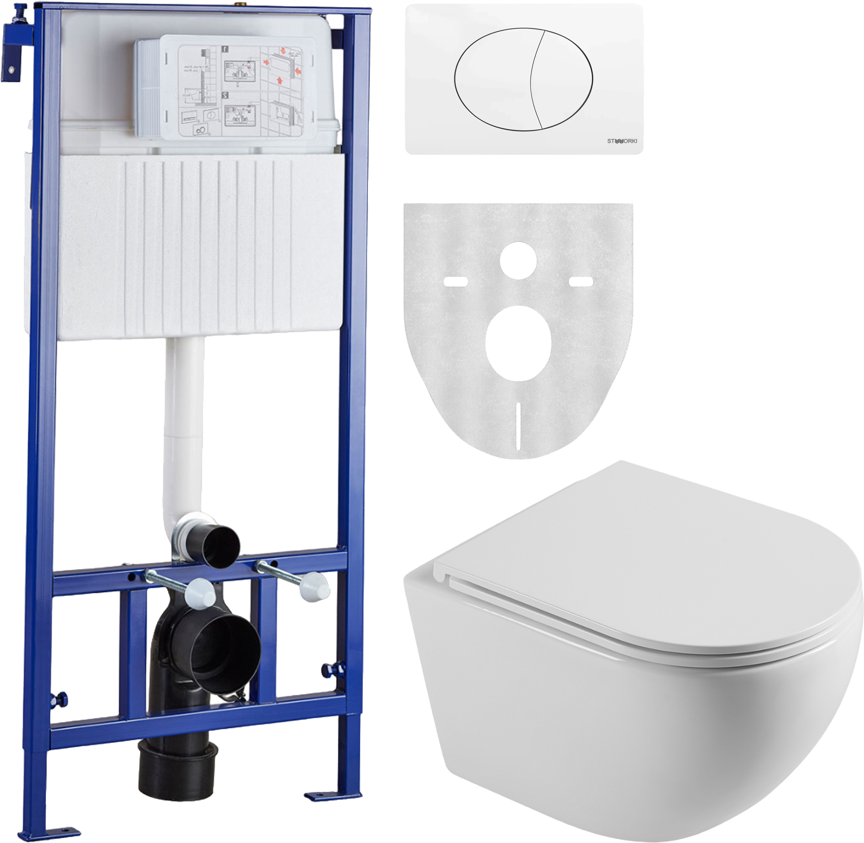 Комплект Унитаз подвесной STWORKI Скаген SK-09up безободковый, с микролитом + Инсталляция + Кнопка 230824 белая