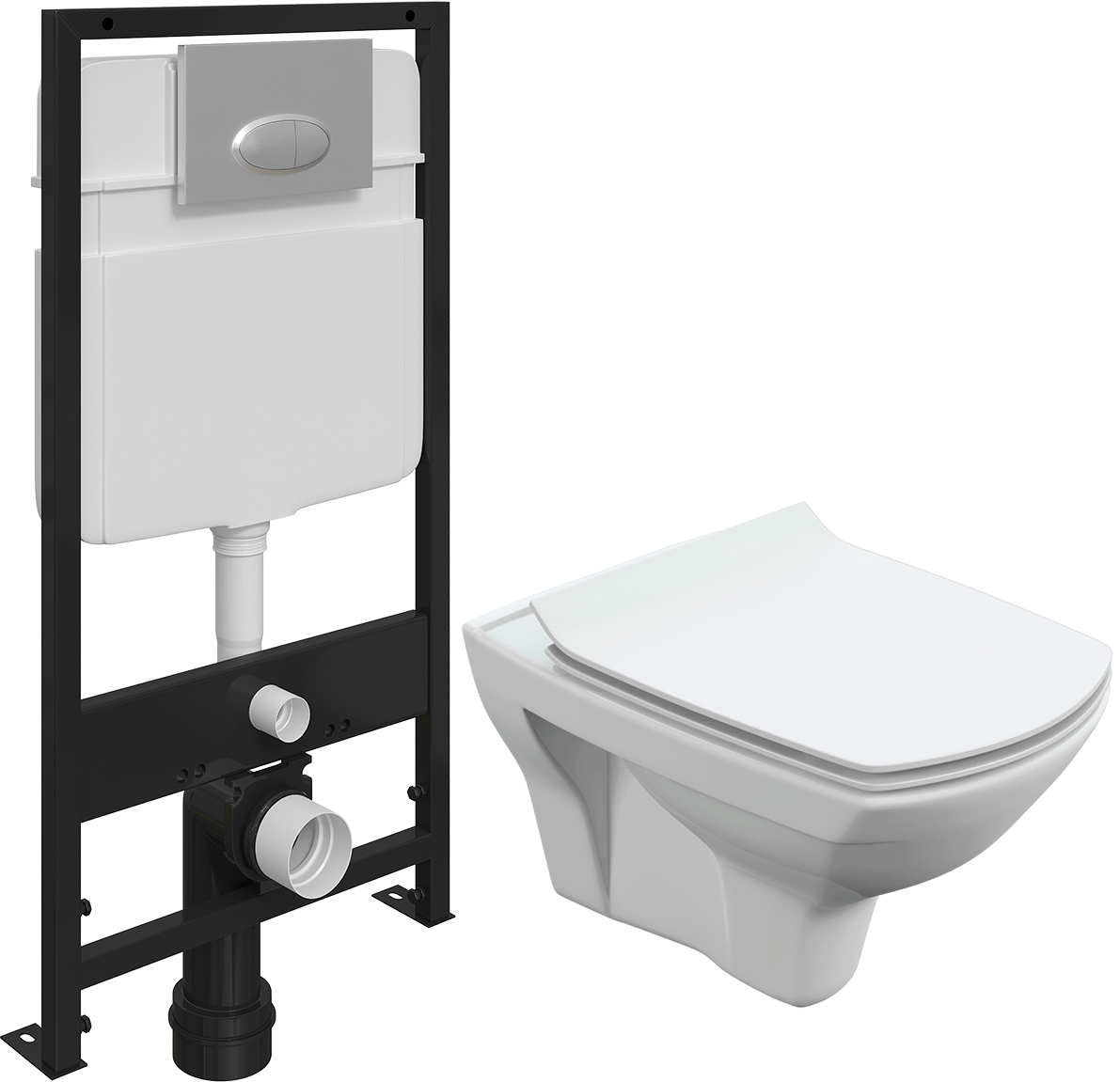 Комплект Унитаз подвесной Cersanit Carina XL Clean On DPL EO slim безободковый, с микролифтом + Система инсталляции для унитазов EWRIKA ProLT 0026-2020 + Кнопка смыва EWRIKA 0050 хром матовый