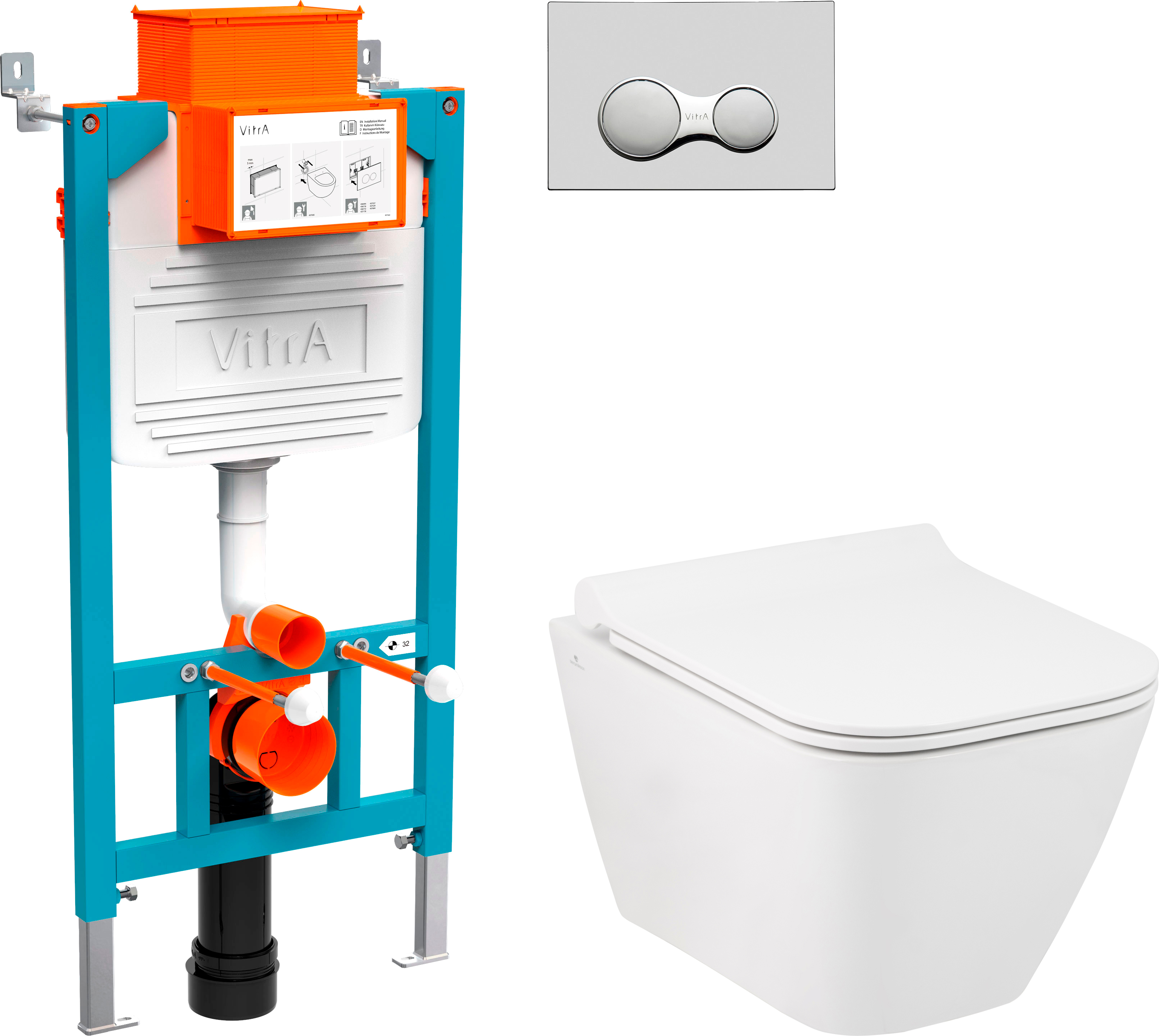 Комплект  Унитаз подвесной Seramiksan Saturn Rimout A141151H с микролифтом + Система инсталляции для унитазов VitrA 800-2015 с кнопкой смыва, хром