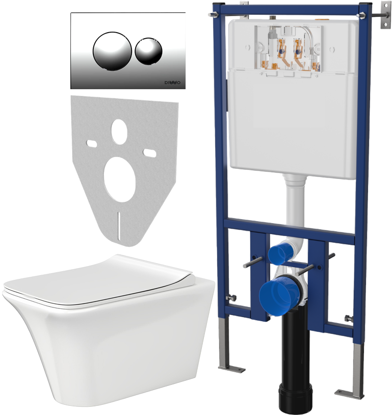 Комплект Унитаз подвесной Cerutti Spa Nivolet Aria 9034 безободковый, с микролифтом + Система инсталляции для унитазов DIWO 4501 + Кнопка смыва DIWO 7312 хром
