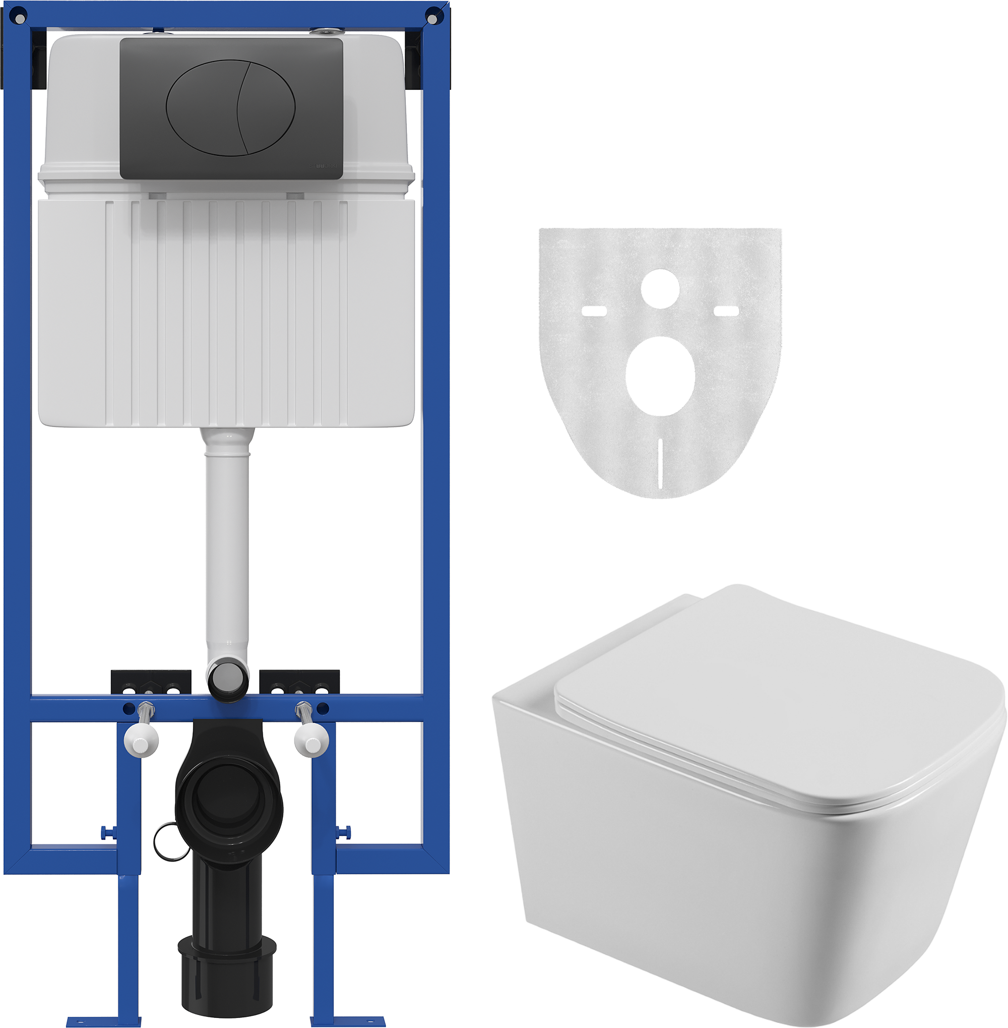 Комплект Унитаз подвесной STWORKI Бурос BU-04up безободковый, с микролифтом + Инсталляция + Кнопка 230858 черный матовый