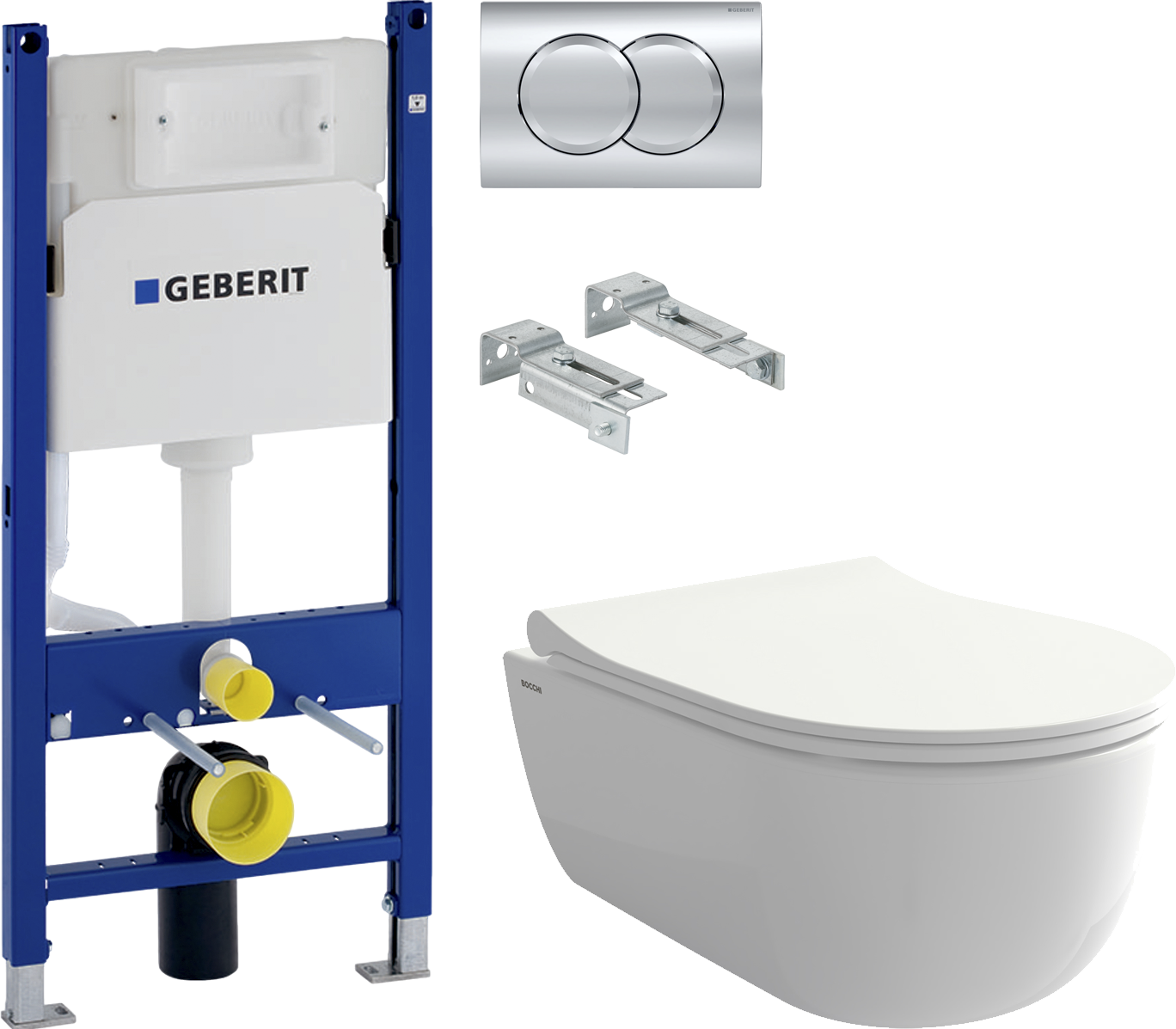 Комплект Унитаз подвесной BOCCHI V-Tondo 1417-001-0129 белый глянцевый, тонкая крышка с микролифтом + Система инсталляции для унитазов Geberit Duofix Delta 458.149.21.1 с кнопкой смыва, хром
