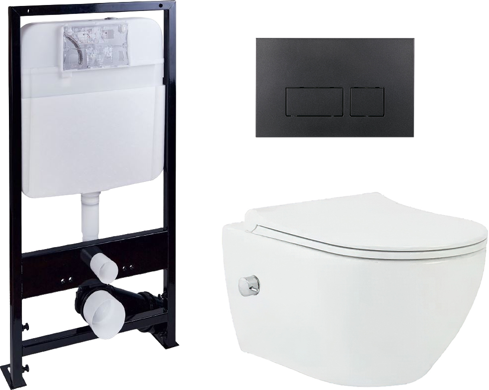 Комплект Унитаз подвесной beWash Bogen 88343601 со смесителем, системой микролифт, белый + Система инсталляции для унитазов EWRIKA ProLT 0026-2020 + Кнопка смыва EWRIKA 0044 черная матовая