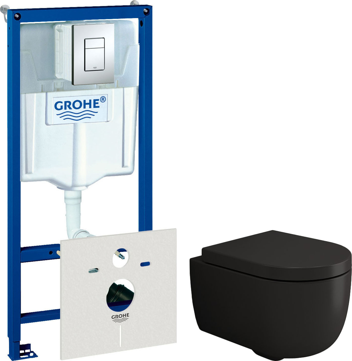 Комплект Унитаз подвесной BOCCHI V-Tondo 1417-004-0129 черный матовый, крышка с микролифтом + Система инсталляции для унитазов Grohe Rapid SL 38775001 4 в 1 с кнопкой смыва