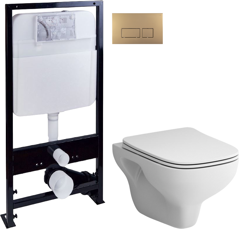 Комплект Унитаз подвесной STWORKI Берген HCBRG1700SC безободковый, с микролифтом + Инсталляция EWRIKA ProLT 0026-2020 + Кнопка 0043 золото матовое