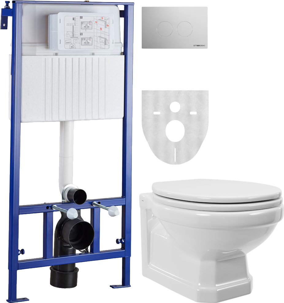Комплект Унитаз подвесной STWORKI Драммен HDC609WH с микролифтом + Инсталляция + Кнопка Хельсинки 500472 хром глянцевая