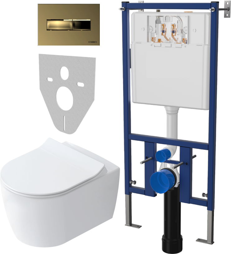 Комплект Унитаз подвесной STWORKI Ноттвиль SETK3104-2616 безободковый, с микролифтом + Система инсталляции для унитазов DIWO 4501 + Кнопка смыва DIWO 7325 золотая