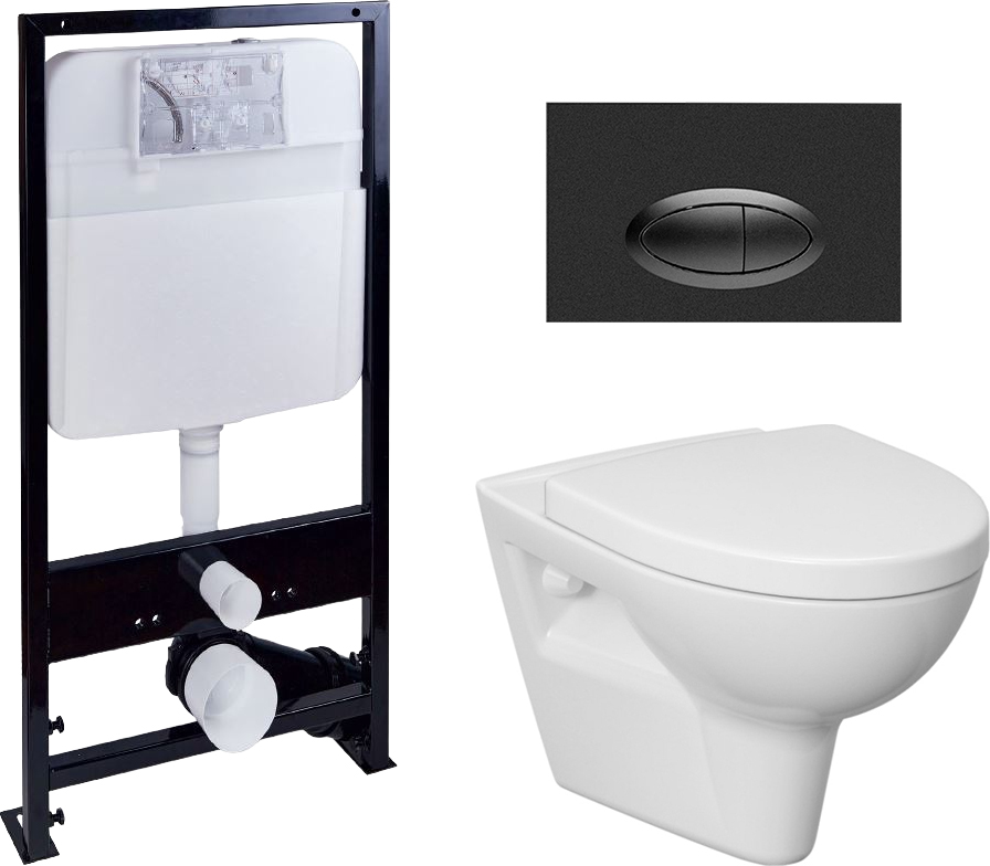 Комплект Унитаз подвесной Cersanit Parva Clean On DPL EO с микролифтом + Система инсталляции EWRIKA ProLT 0026-2020 + Кнопка смыва EWRIKA 0054 черная матовая