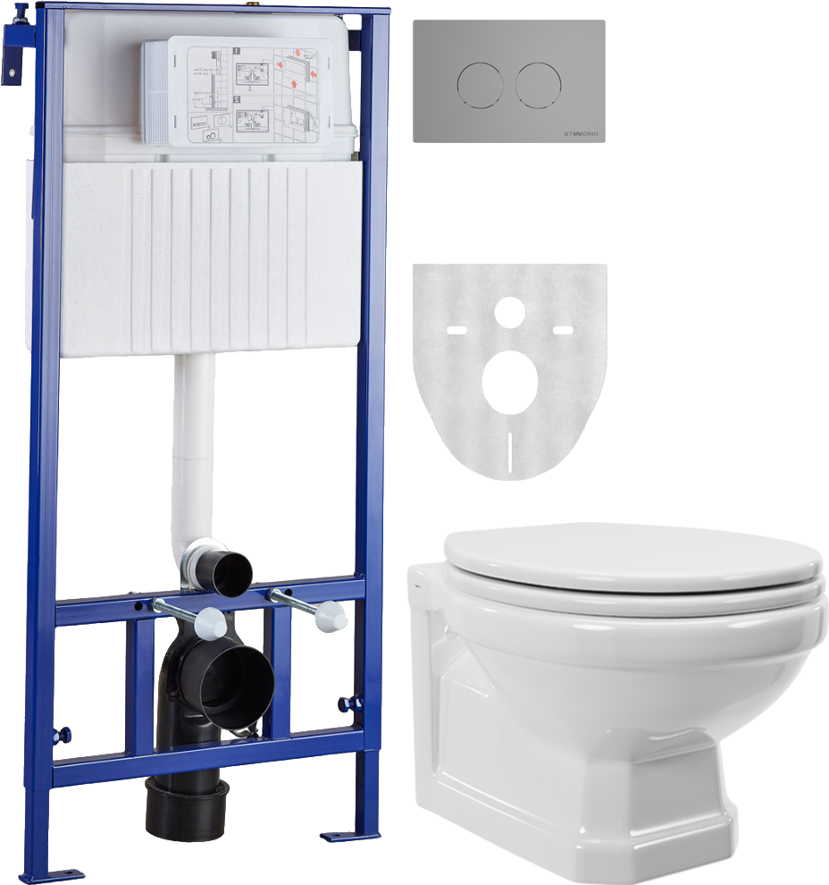 Комплект Унитаз подвесной STWORKI Драммен HDC609WH с микролифтом + Инсталляция + Кнопка Хельсинки 500473 хром матовая