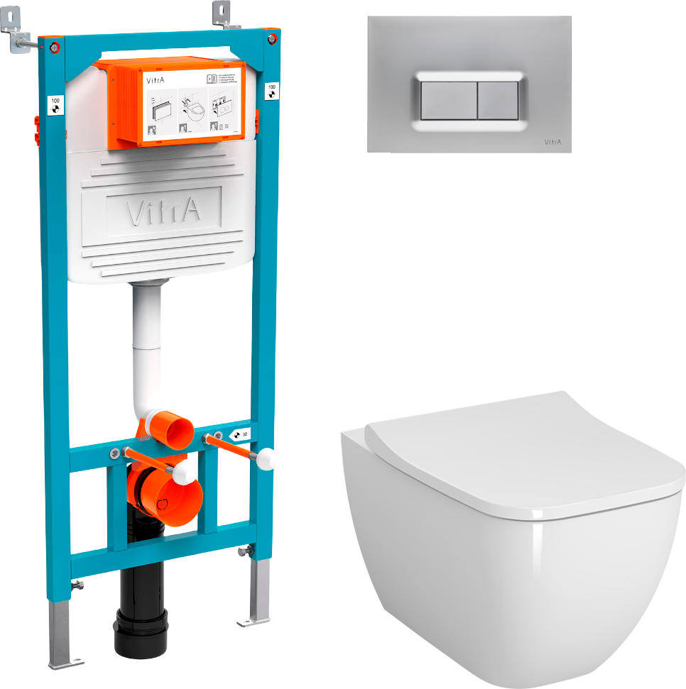 Комплект Унитаз подвесной VitrA Shift 7742B003-0075 белая глянцевая + Крышка 191-003-009 с микролифтом + Инсталляция 800-2013 с кнопкой смыва, хром