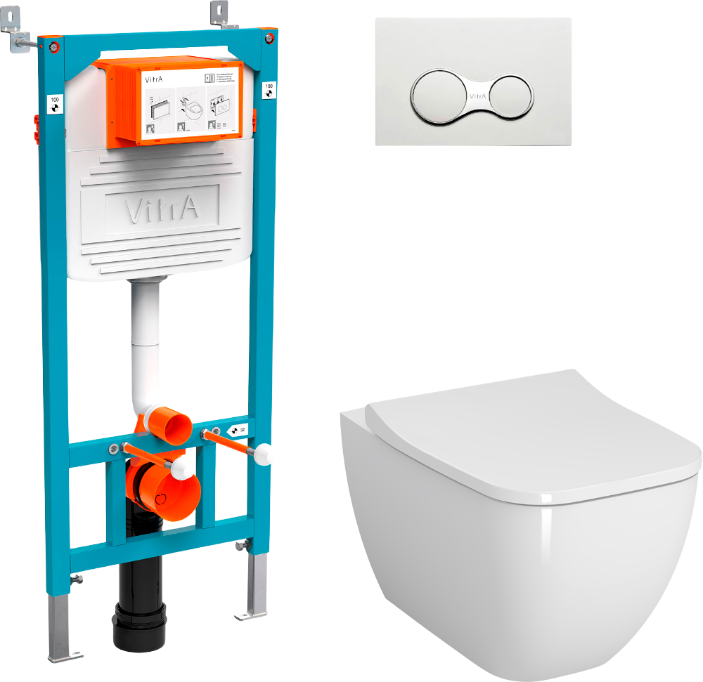 Комплект Унитаз подвесной VitrA Shift 7742B003-0075 белая глянцевая + Крышка 191-003-009 с микролифтом + Инсталляция 800-2009 с кнопкой смыва, белая