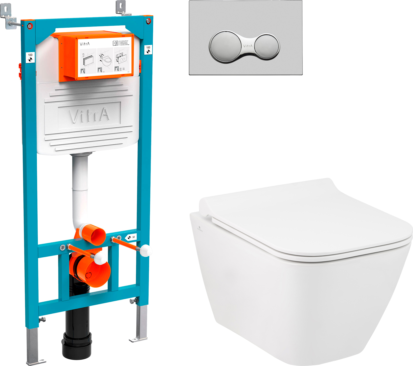 Комплект Унитаз подвесной Seramiksan Saturn Rimout A141151H с микролифтом + Система инсталляции для унитазов VitrA 800-2010 с кнопкой смыва, хром