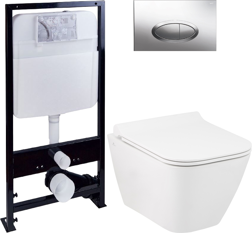 Комплект Унитаз подвесной Seramiksan Saturn Rimout A141151H безободковый + Крышка Bold A090001 с микролифтом + Инсталляция EWRIKA ProLT 0026-2020 + Кнопка 0051 хром