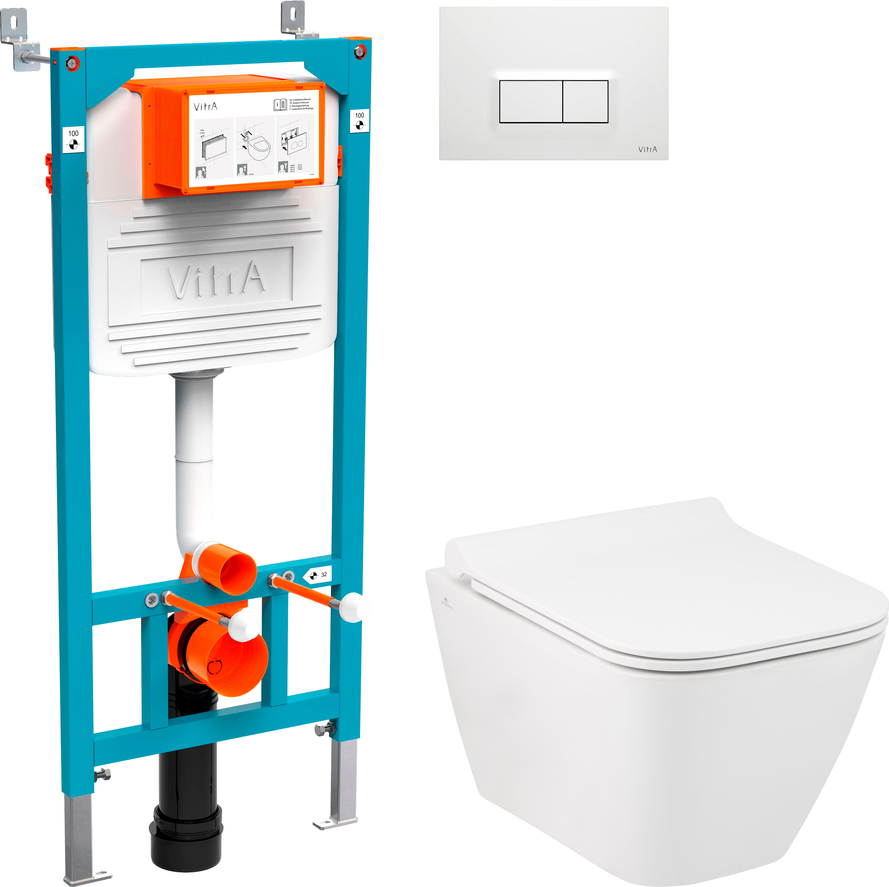 Комплект Унитаз подвесной Seramiksan Saturn Rimout A141151H с микролифтом + Система инсталляции для унитазов VitrA 800-2012 с кнопкой смыва, белая