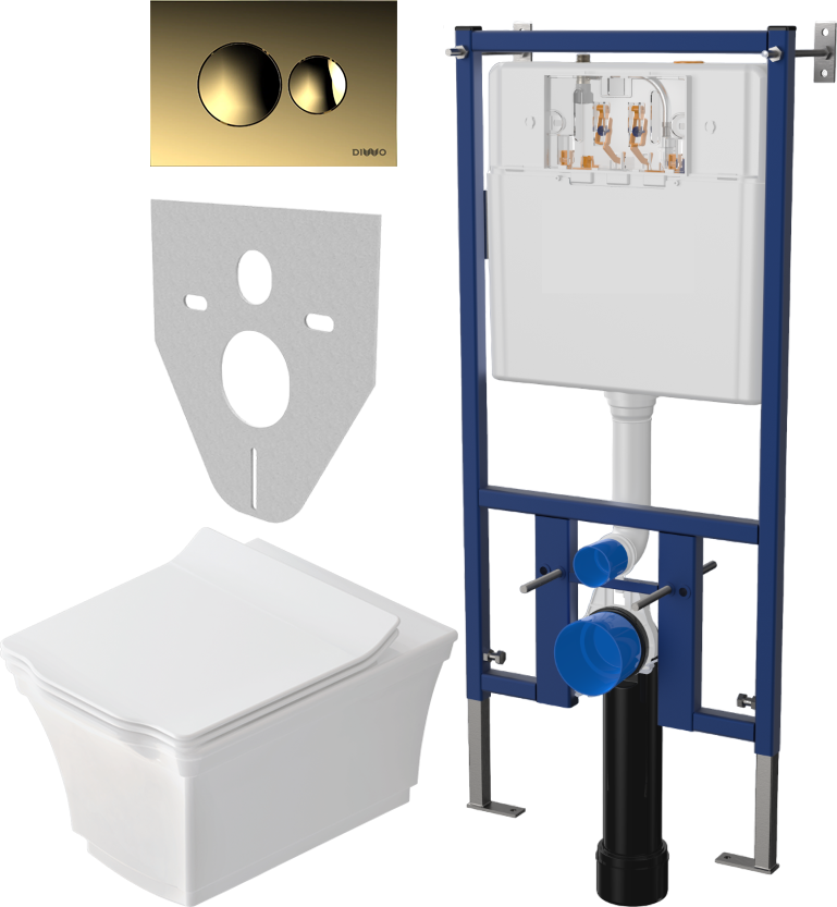 Комплект Унитаз подвесной STWORKI Хадстен SETK3304-0616-001-1-6000 с микролифтом + Система инсталляции для унитазов DIWO 4501 + Кнопка смыва DIWO 7315 золотая