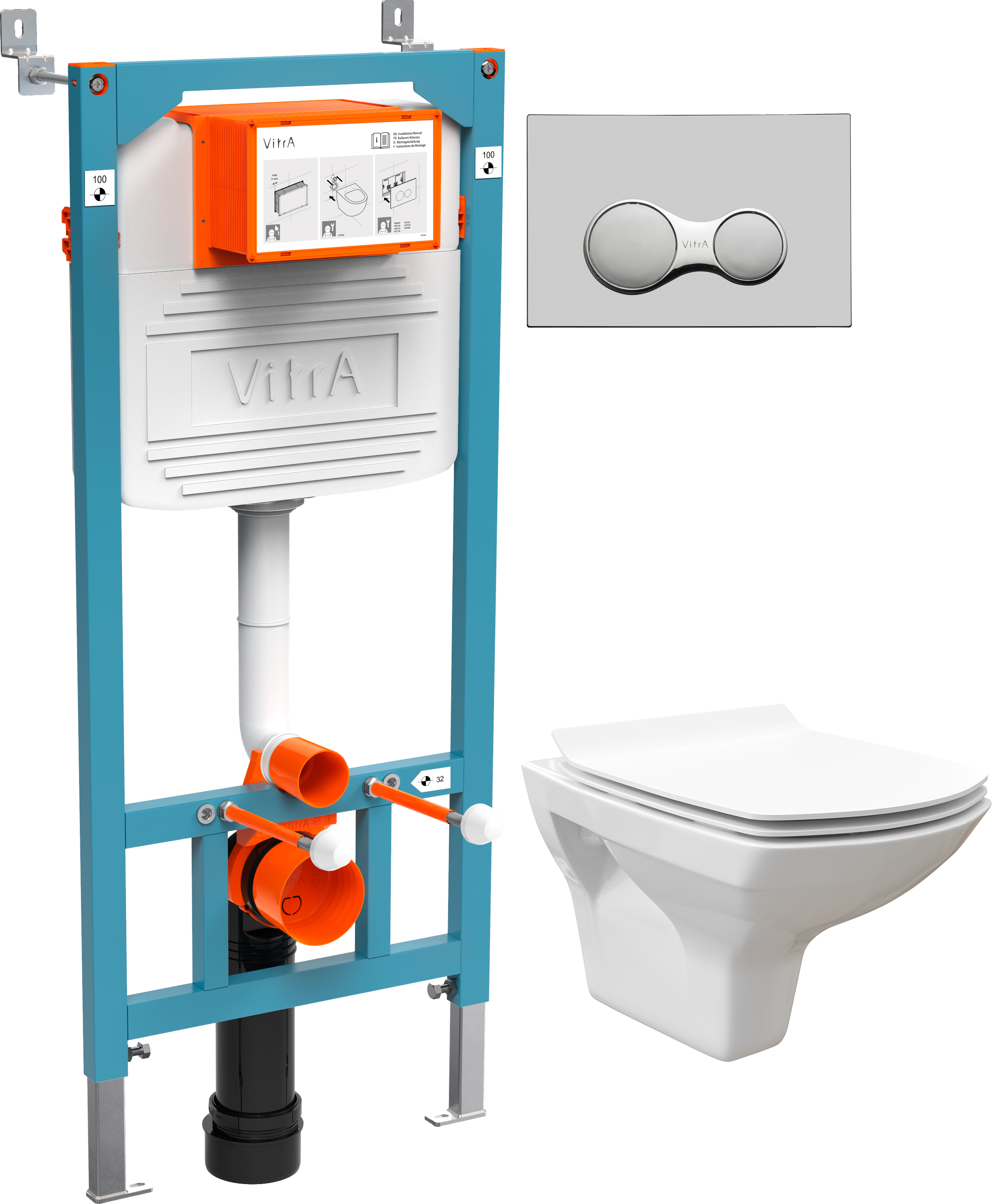 Комплект Унитаз подвесной STWORKI Стокгольм Clean On DPL EO slim 63428 безободковый + Инсталляция VitrA 800-2010 с кнопкой смыва, хром