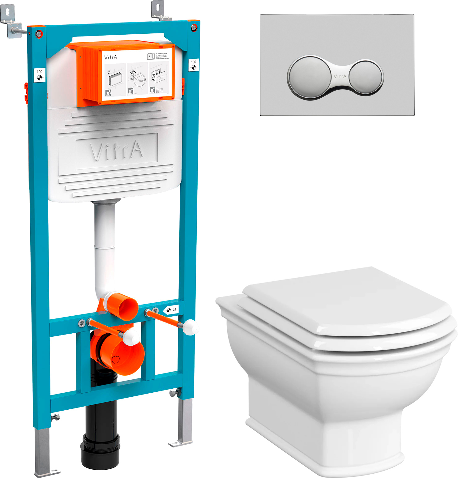 Комплект  Система инсталляции VitrA 800-2010 с кнопкой смыва, хром + Чаша для унитаза подвесного VitrA Valarte 7805B003-0075 + Крышка-сиденье VitrA Valarte 124-003-009 с микролифтом