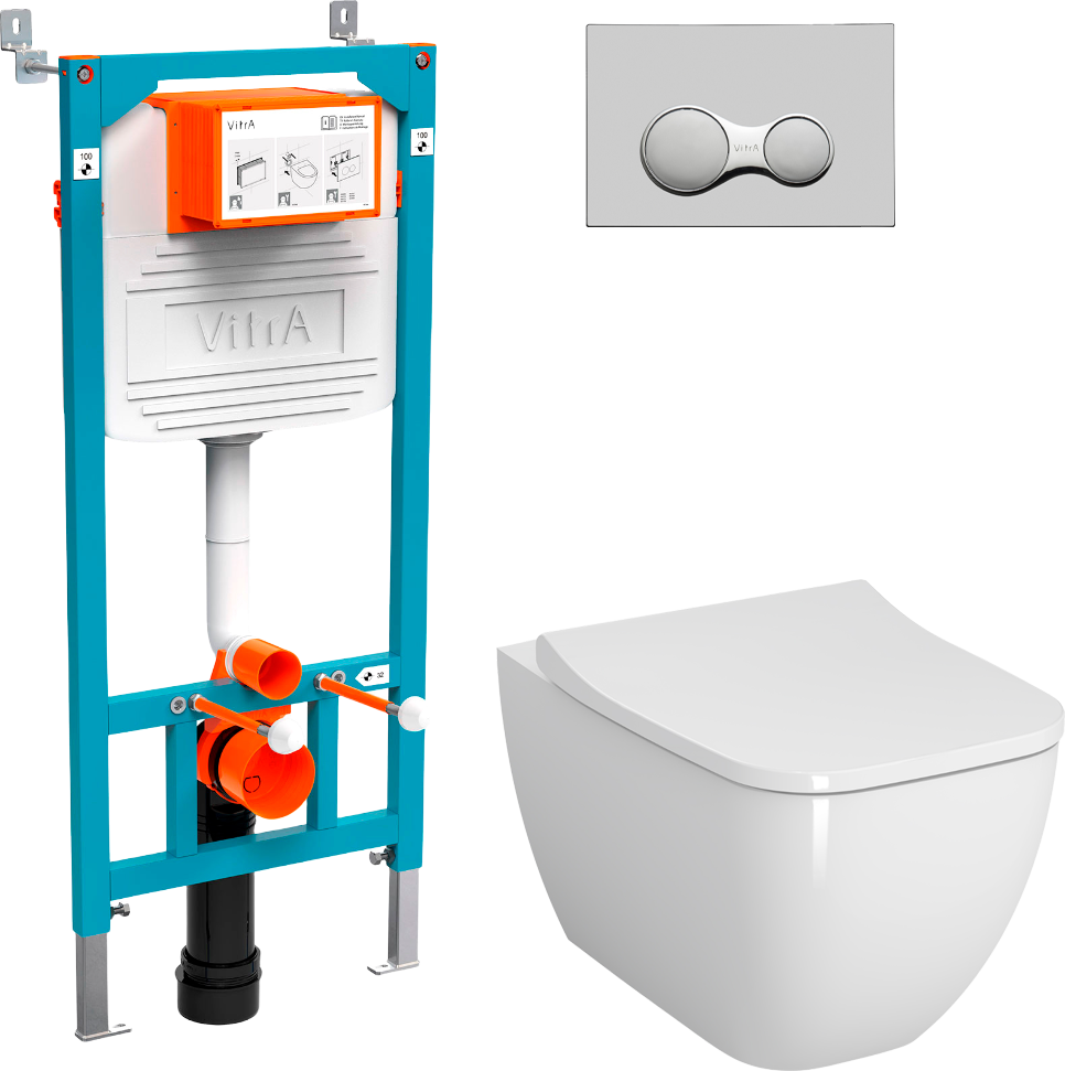 Комплект Унитаз подвесной VitrA Shift 7742B003-0075 белая глянцевая + Крышка 191-003-009 с микролифтом + Инсталляция 800-2010 с кнопкой смыва, хром
