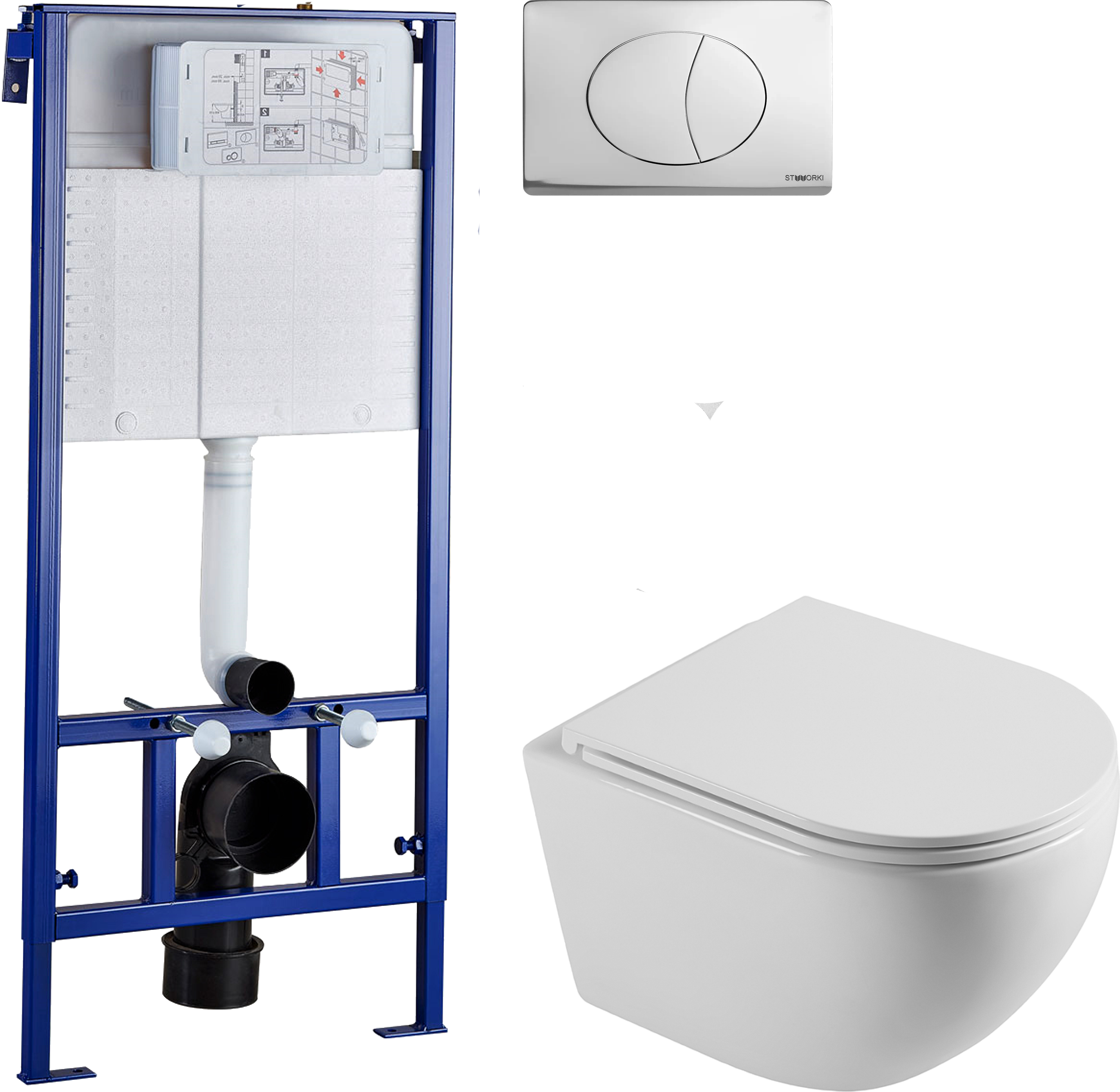 Комплект Унитаз подвесной STWORKI Скаген SK-09up безободковый, с микролифтом + Инсталляция + Кнопка 230823 хром матовый
