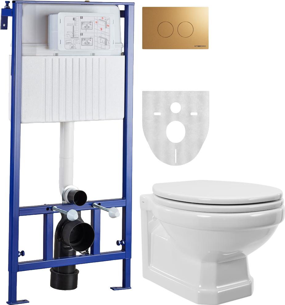 Комплект Унитаз подвесной STWORKI Драммен HDC609WH с микролифтом + Инсталляция + Кнопка Хельсинки 500474 золотая матовая
