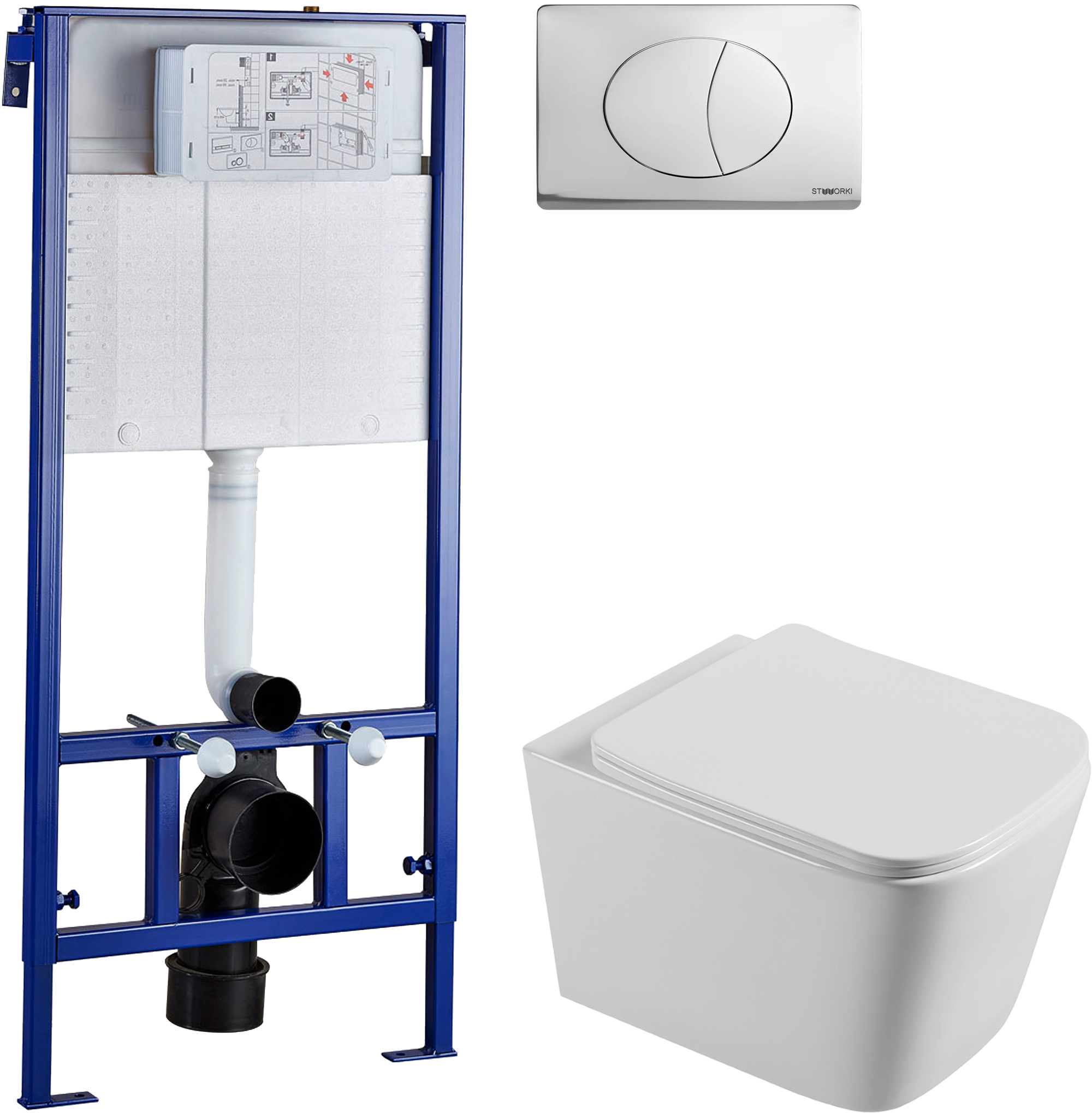 Комплект Унитаз подвесной STWORKI Бурос BU-04up безободковый, с микролифтом + Инсталляция + Кнопка 230823 хром матовый