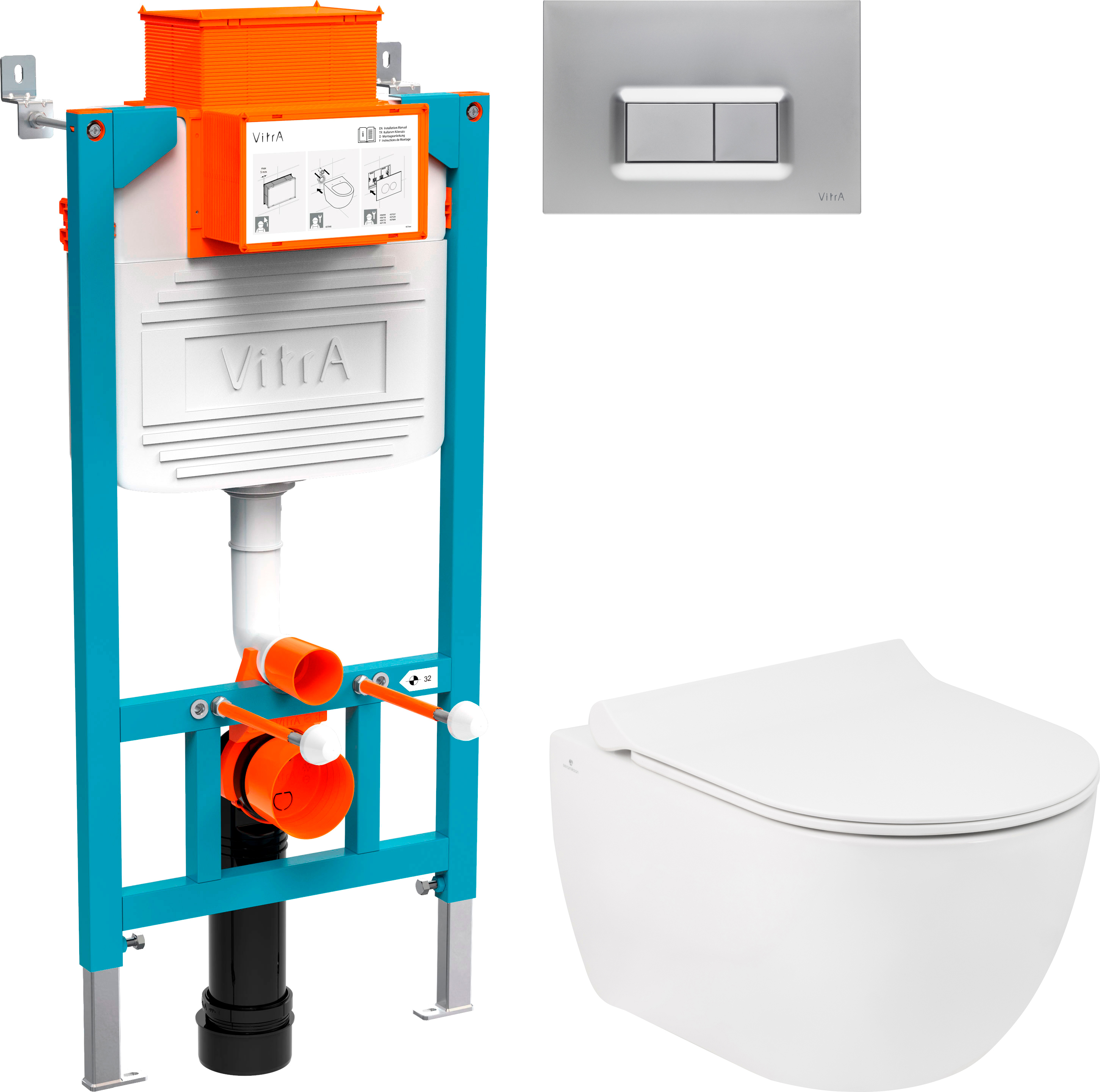 Комплект  Унитаз подвесной Seramiksan Hill A031161H с микролифтом + Система инсталляции для унитазов VitrA 800-2016 с кнопкой смыва, хром