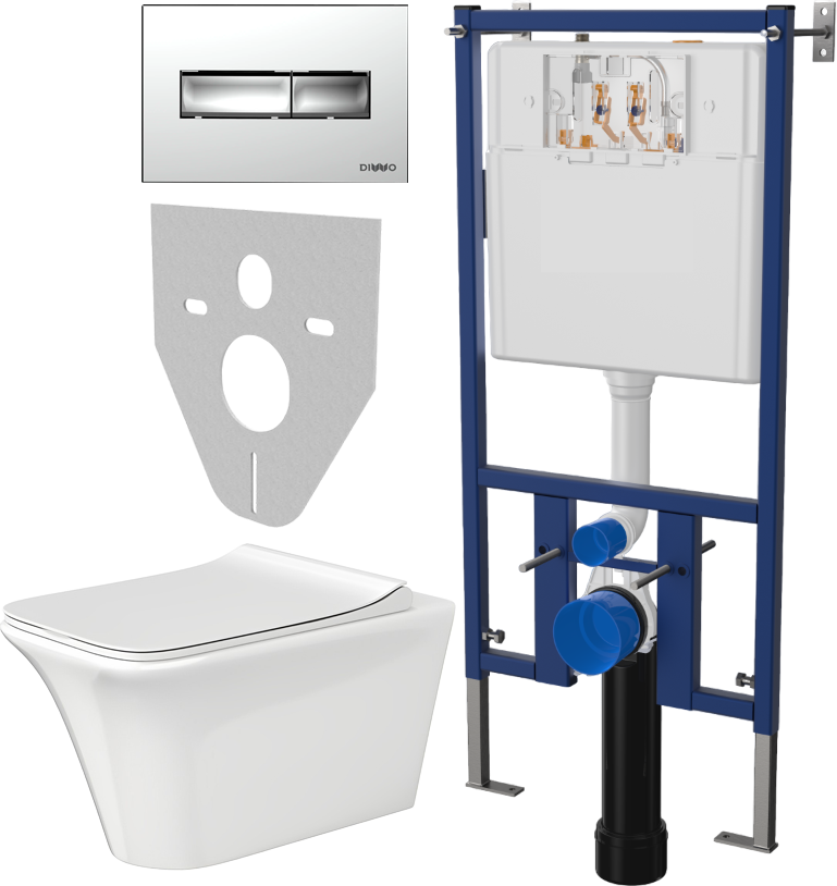 Комплект Унитаз подвесной Cerutti Spa Nivolet Aria 9034 безободковый, с микролифтом + Система инсталляции для унитазов DIWO 4501 + Кнопка смыва DIWO 7322 хром