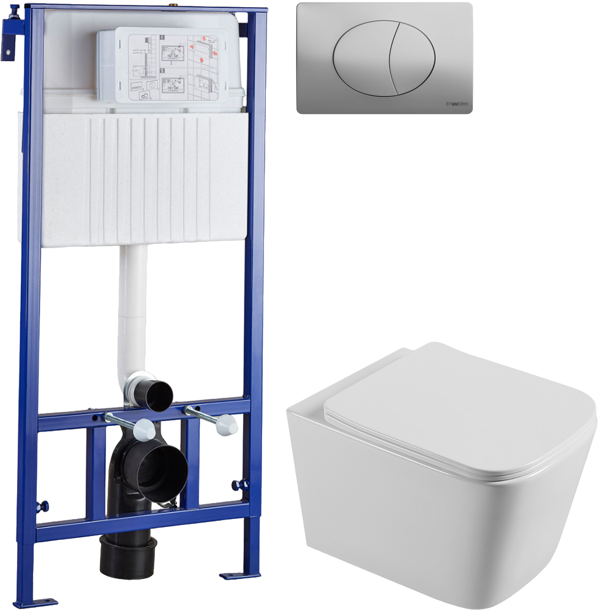 Комплект Унитаз подвесной STWORKI Бурос BU-04up безободковый, с микролифтом + Инсталляция + Кнопка 230822 хром глянцевый