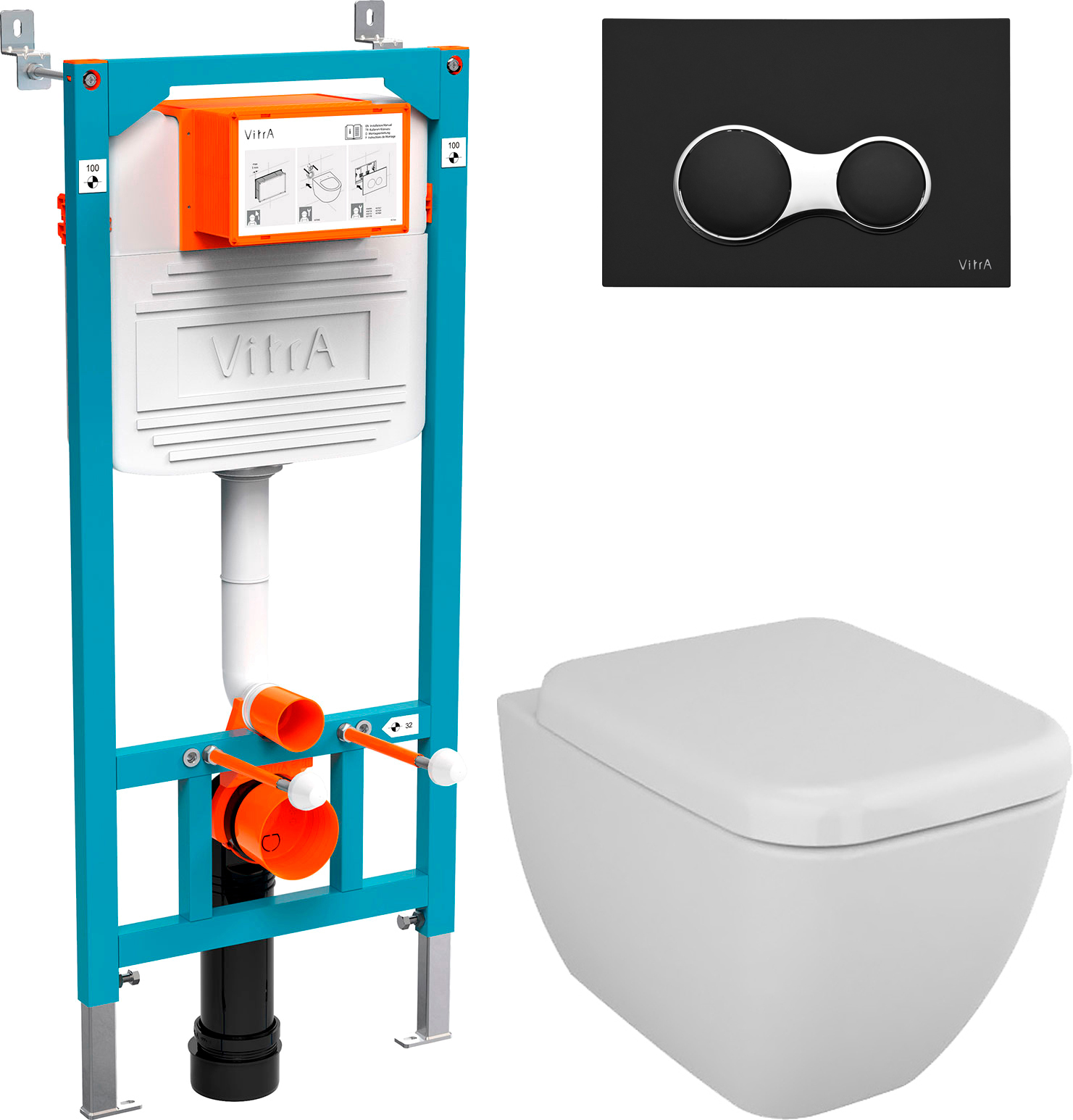 Комплект Унитаз подвесной VitrA Shift 7742B003-0075 белая глянцевая + Крышка 91-003-009 с микролифтом, петли хром + Инсталляция 800-2011 с кнопкой смыва, черной